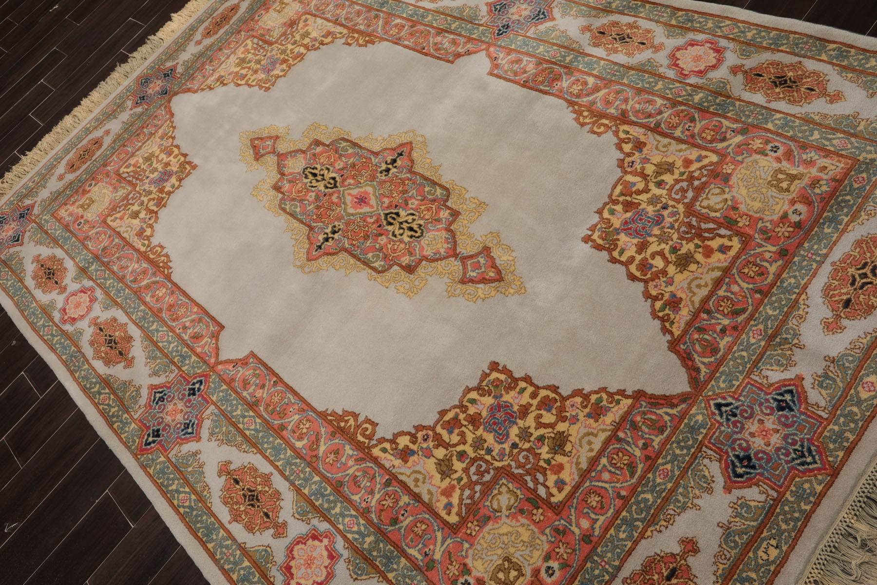 6x9 Gray, Coral, Turquoise Color Hand Knotted Kerman Wool Traditional Oriental Rug