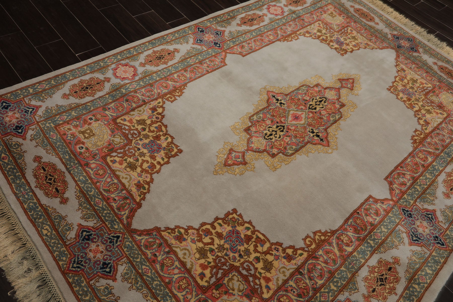 6x9 Gray, Coral, Turquoise Color Hand Knotted Kerman Wool Traditional Oriental Rug
