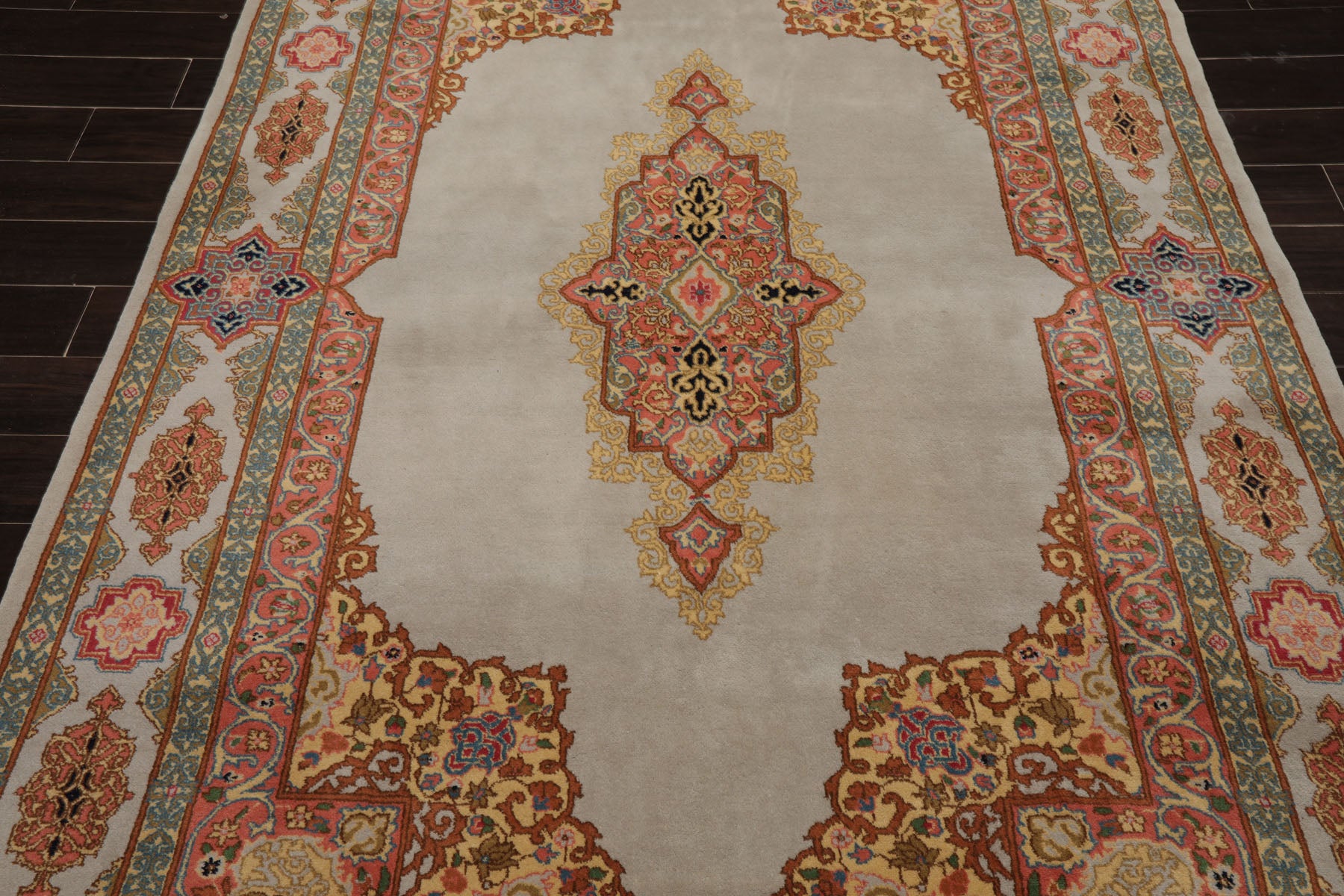 6x9 Gray, Coral, Turquoise Color Hand Knotted Kerman Wool Traditional Oriental Rug