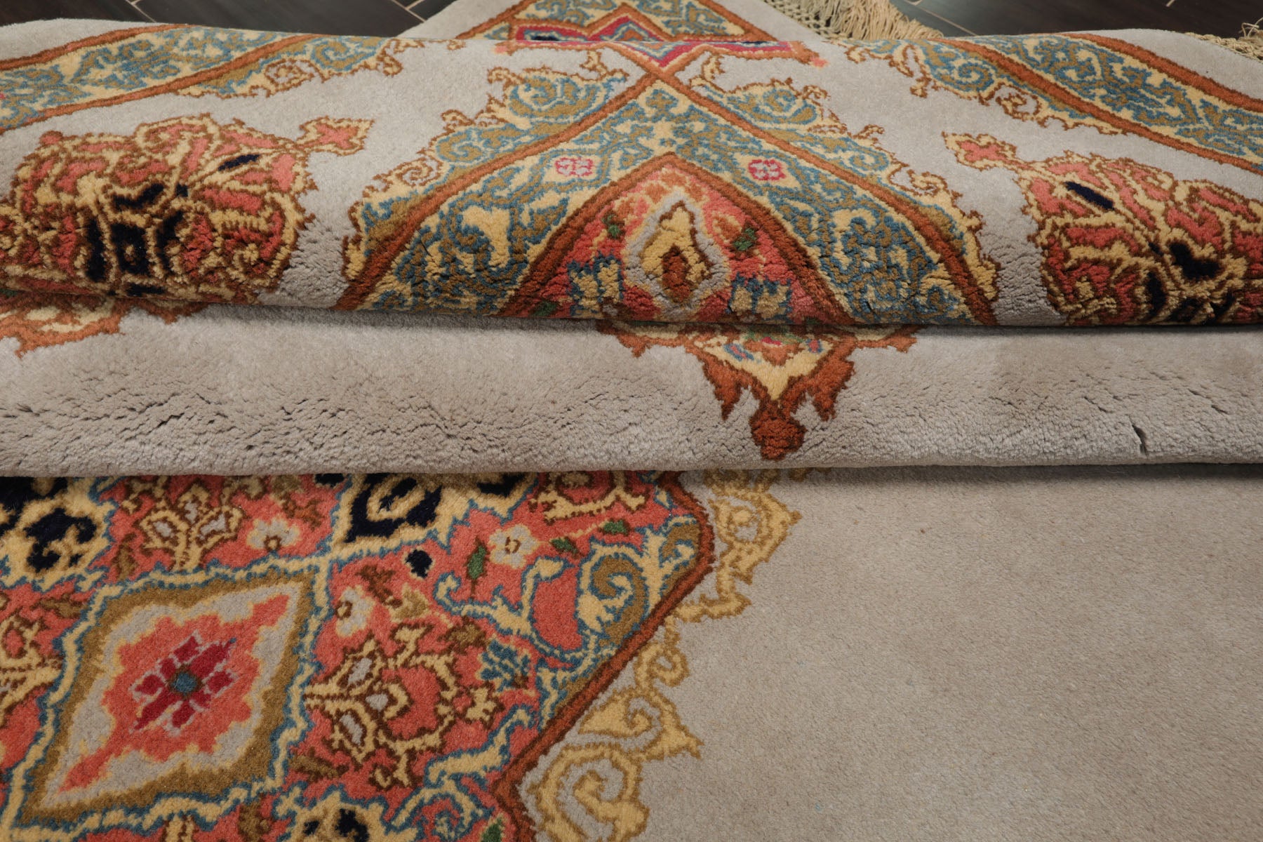 6x9 Gray, Coral, Turquoise Color Hand Knotted Kerman Wool Traditional Oriental Rug