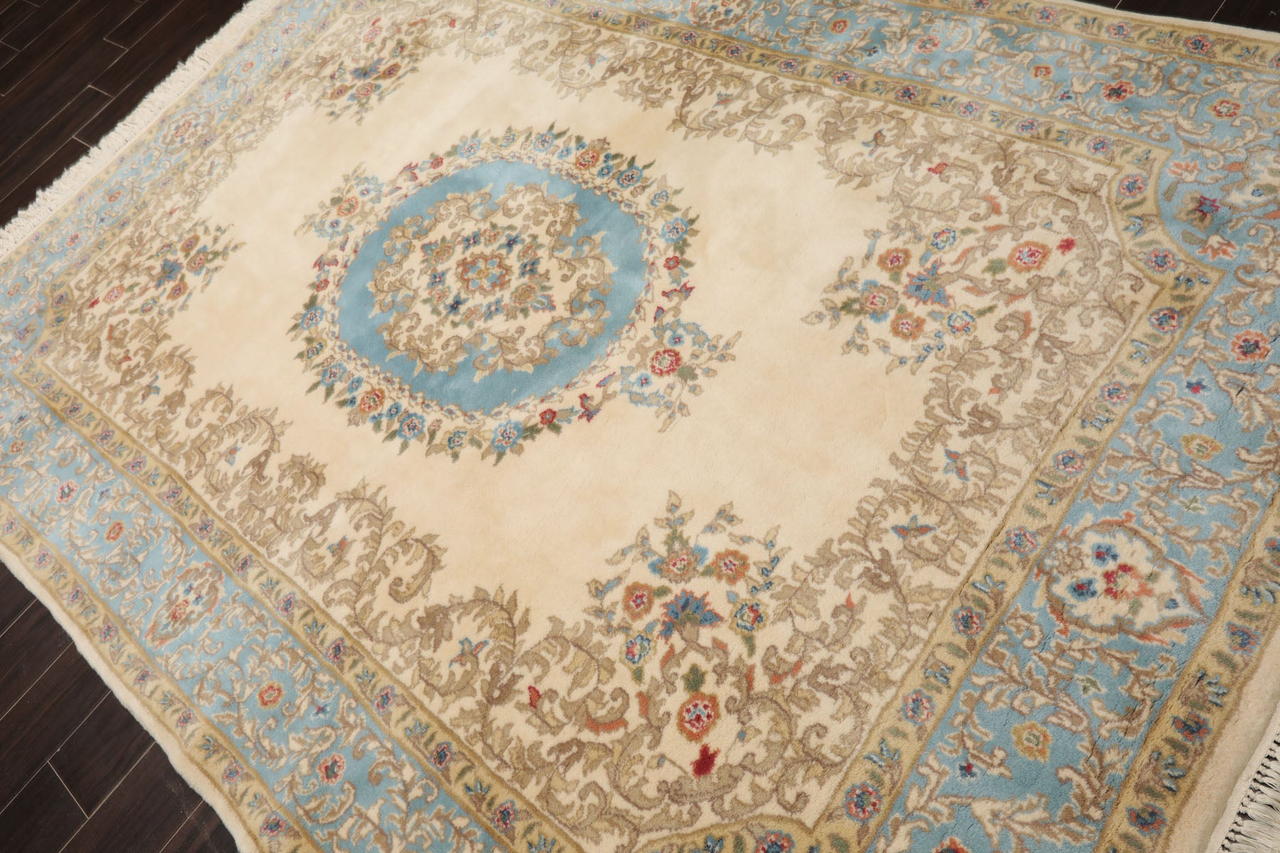 6x9 Ivory, Turquoise, Tan Color Hand Knotted Kerman New Zealand Wool Traditional Oriental Rug