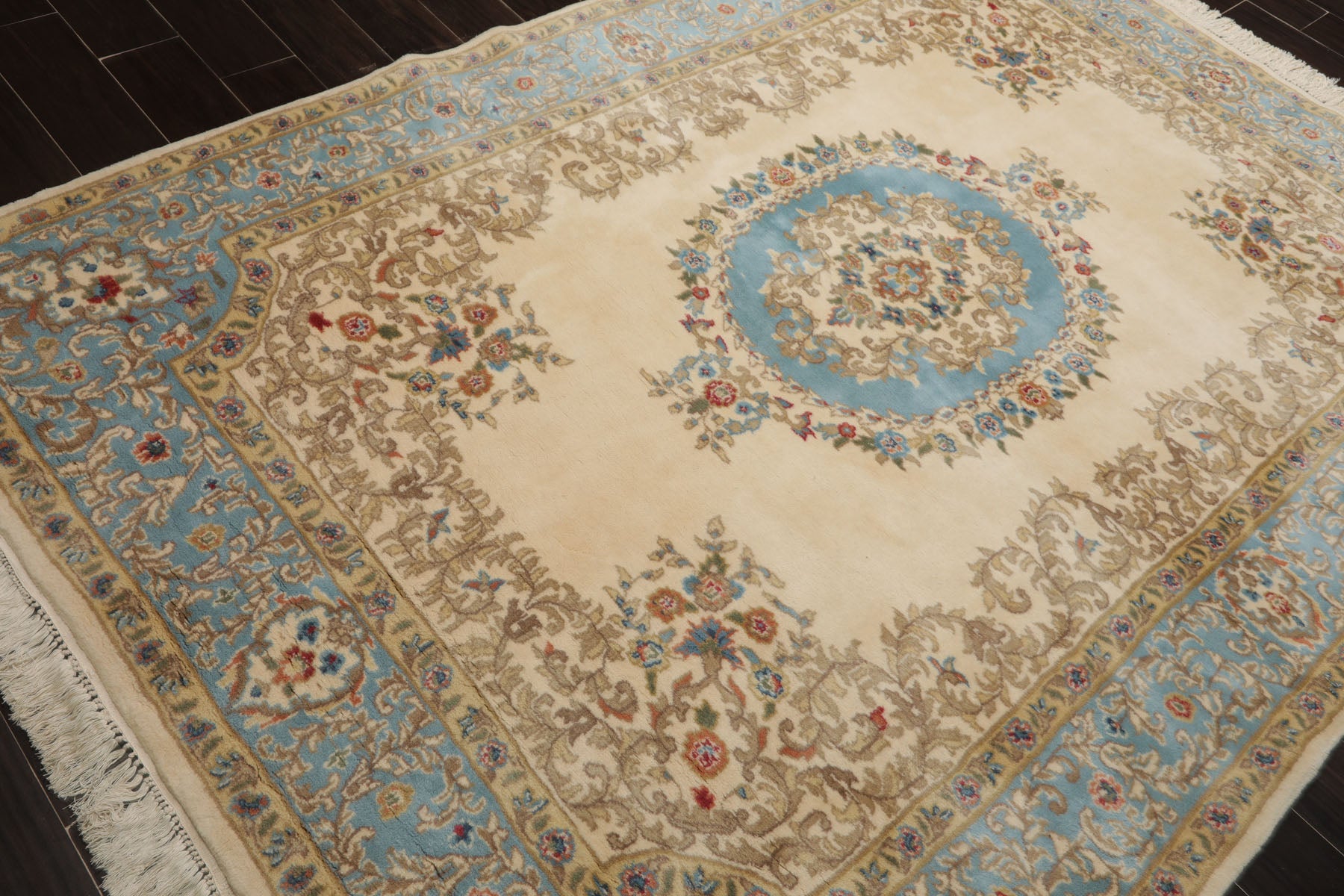 6x9 Ivory, Turquoise, Tan Color Hand Knotted Kerman New Zealand Wool Traditional Oriental Rug