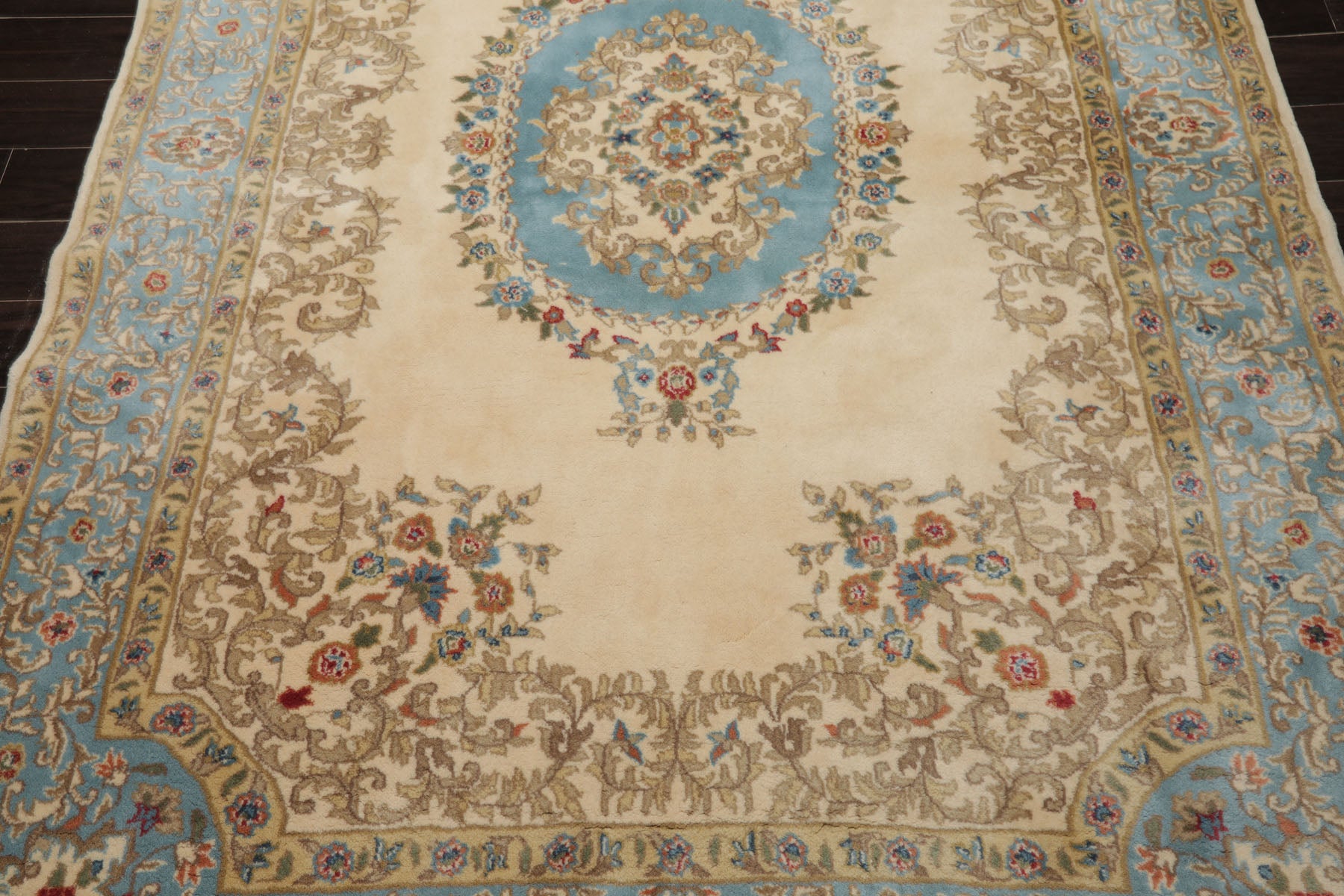 6x9 Ivory, Turquoise, Tan Color Hand Knotted Kerman New Zealand Wool Traditional Oriental Rug