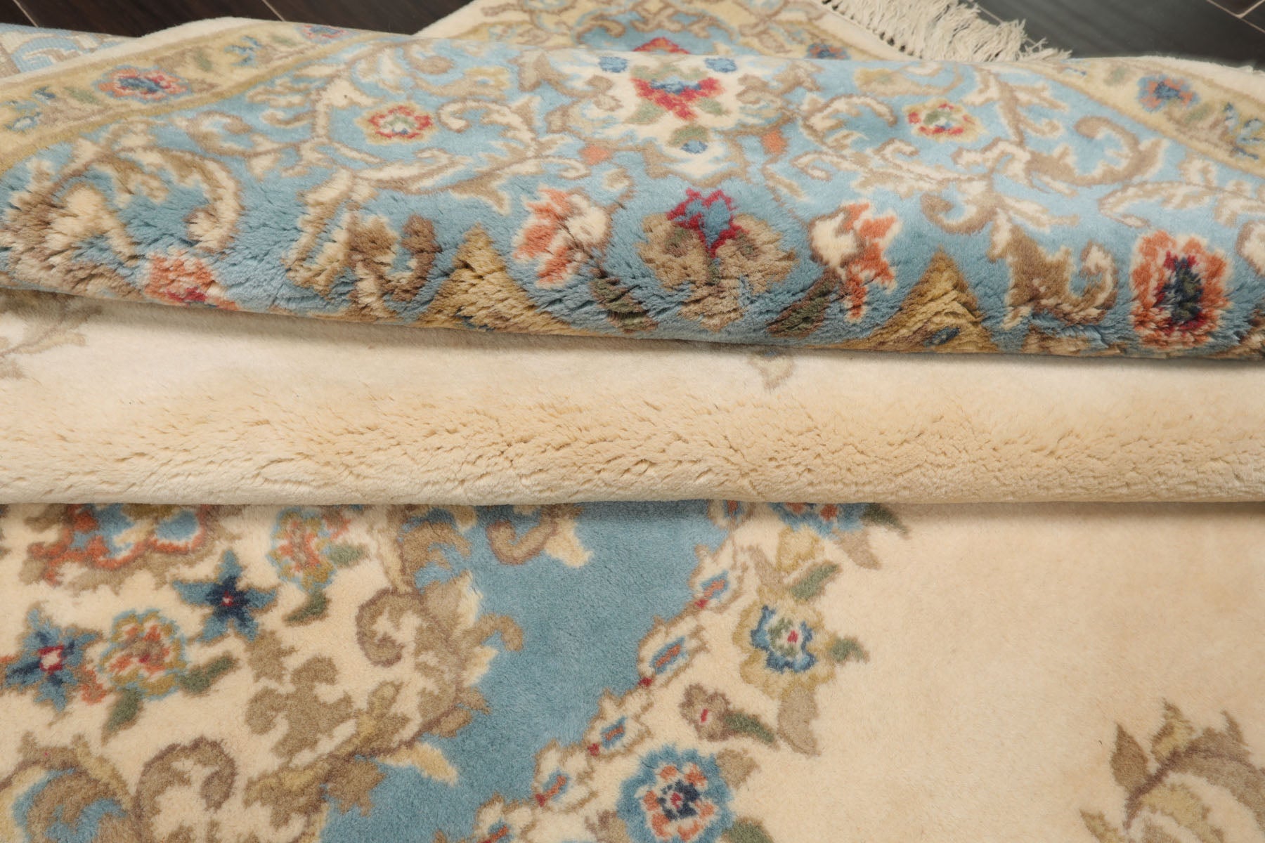 6x9 Ivory, Turquoise, Tan Color Hand Knotted Kerman New Zealand Wool Traditional Oriental Rug