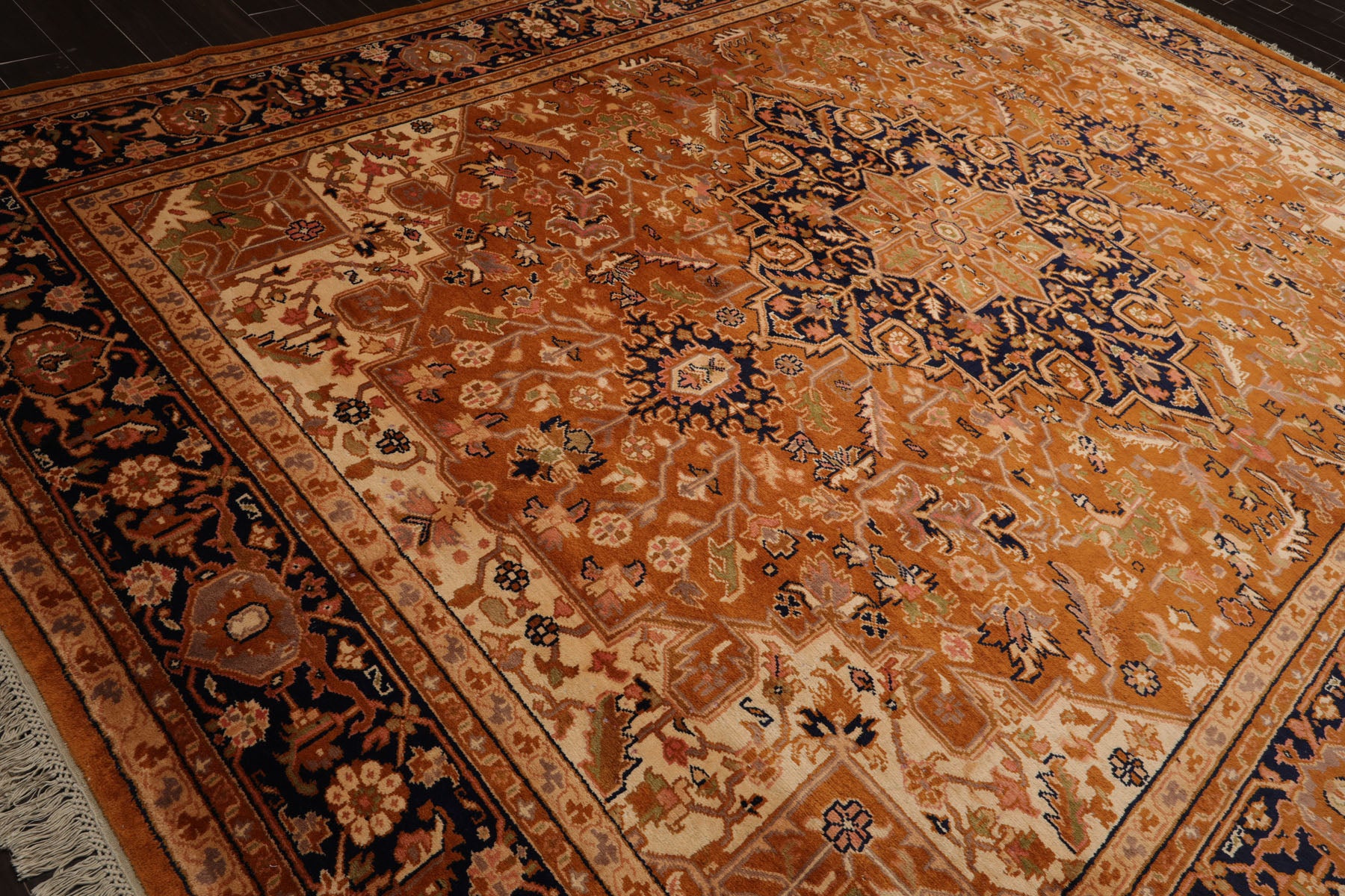 9x13 Caramel, Navy, Ivory Color Hand Knotted Heriz New Zealand Wool Traditional Oriental Rug