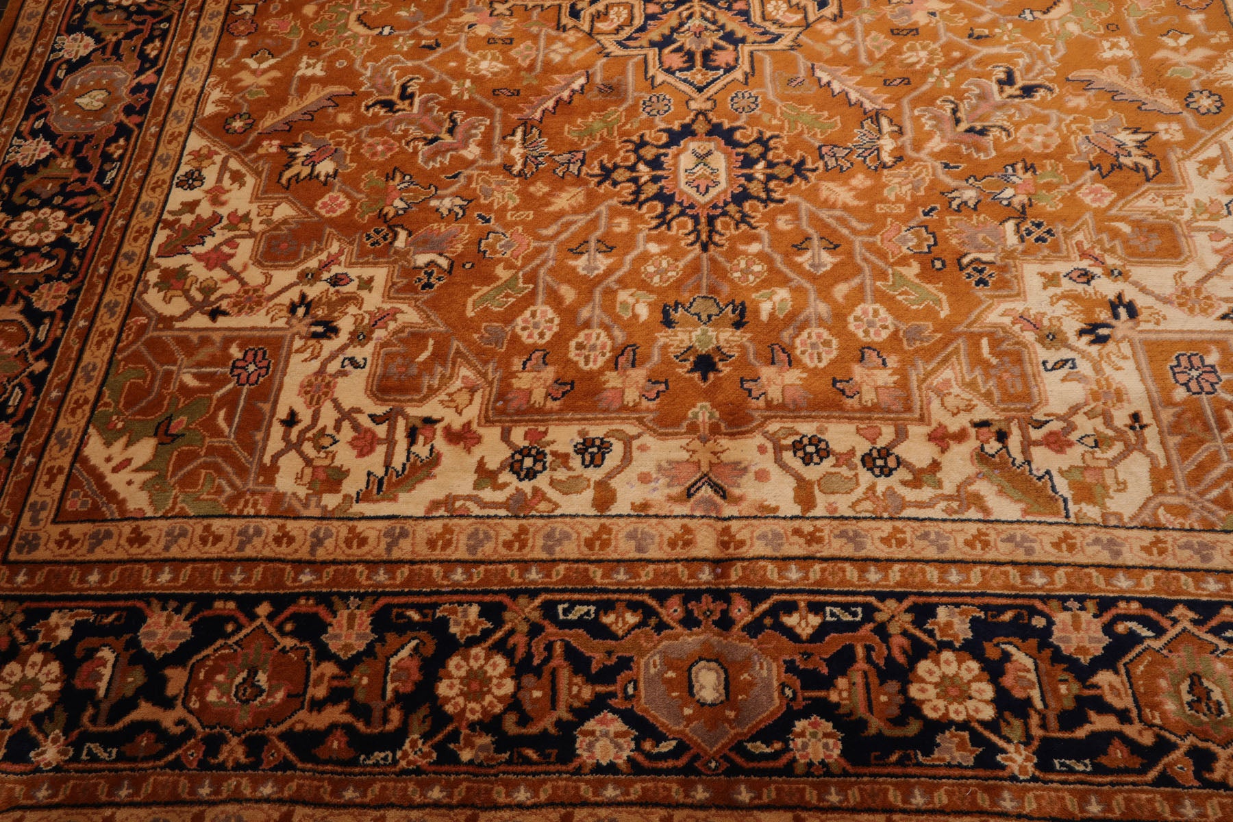 9x13 Caramel, Navy, Ivory Color Hand Knotted Heriz New Zealand Wool Traditional Oriental Rug