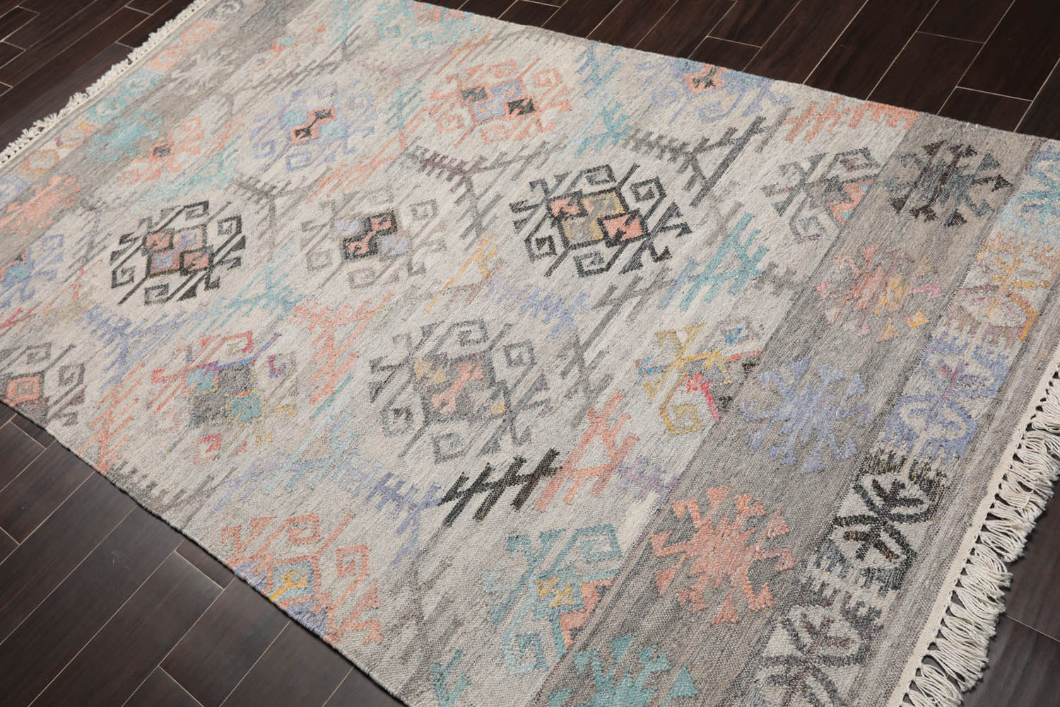 5x7 Beige, Gray, Peach Color Hand Woven All-Over 100% Wool Southwestern Oriental Rug