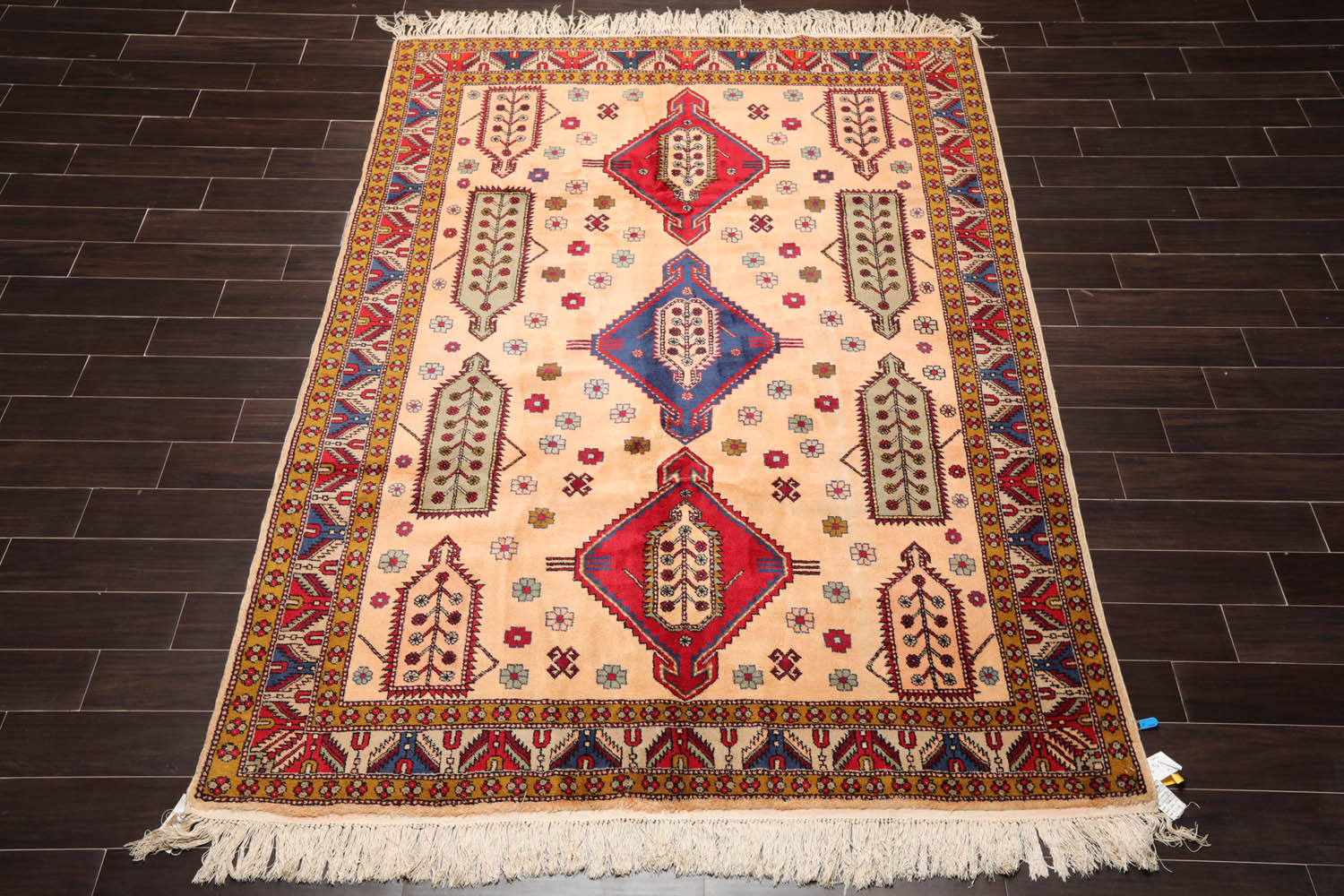 6x9 Light Peach, Royal Blue, Red Color Hand Knotted All-Over 100% Wool Traditional Oriental Rug