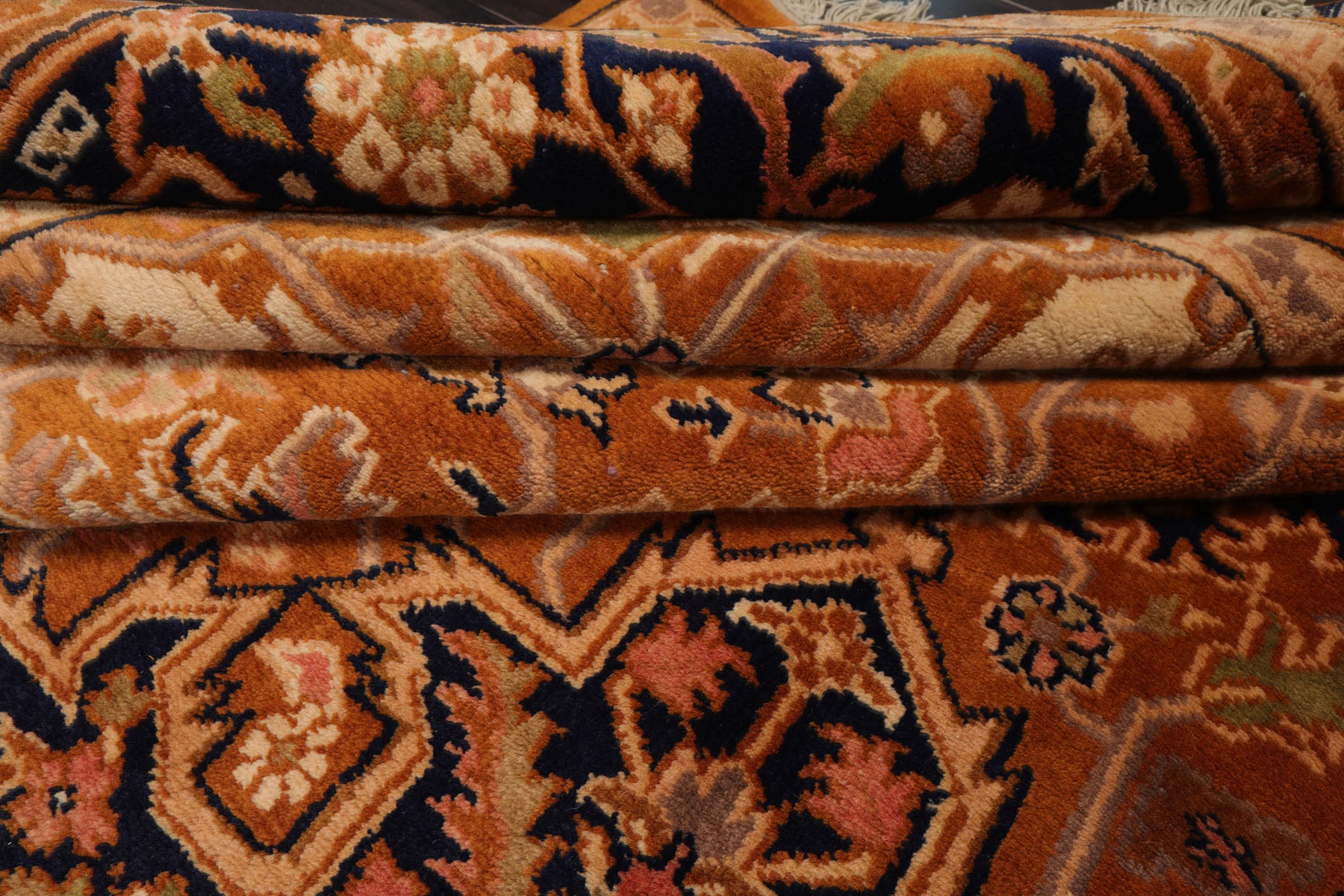 9x13 Caramel, Navy, Ivory Color Hand Knotted Heriz New Zealand Wool Traditional Oriental Rug