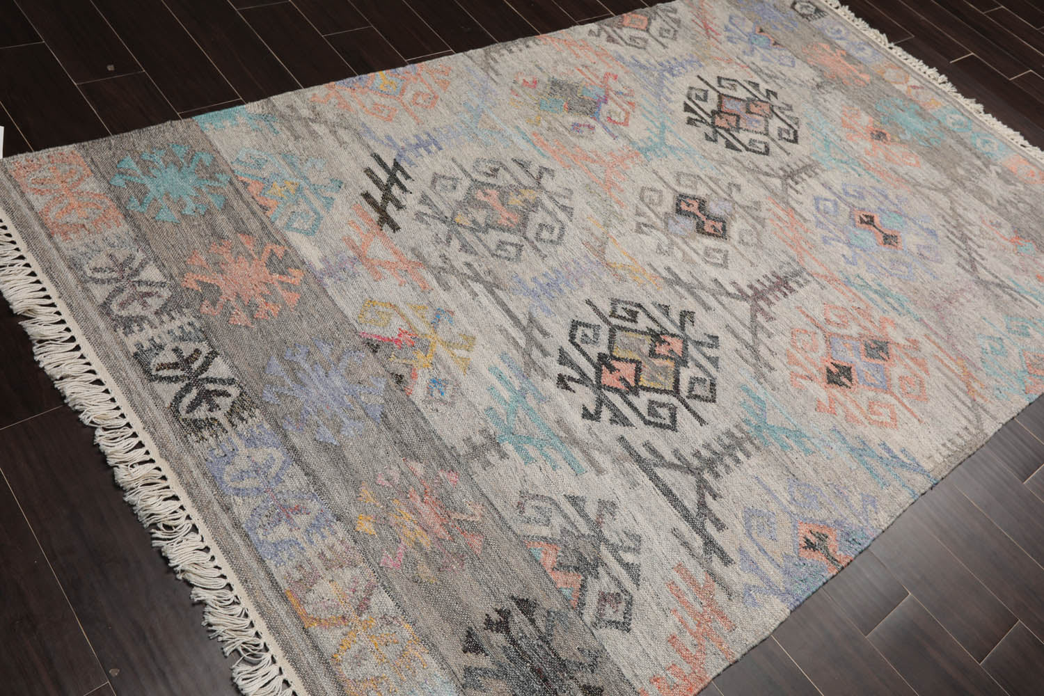 5x7 Beige, Gray, Peach Color Hand Woven All-Over 100% Wool Southwestern Oriental Rug