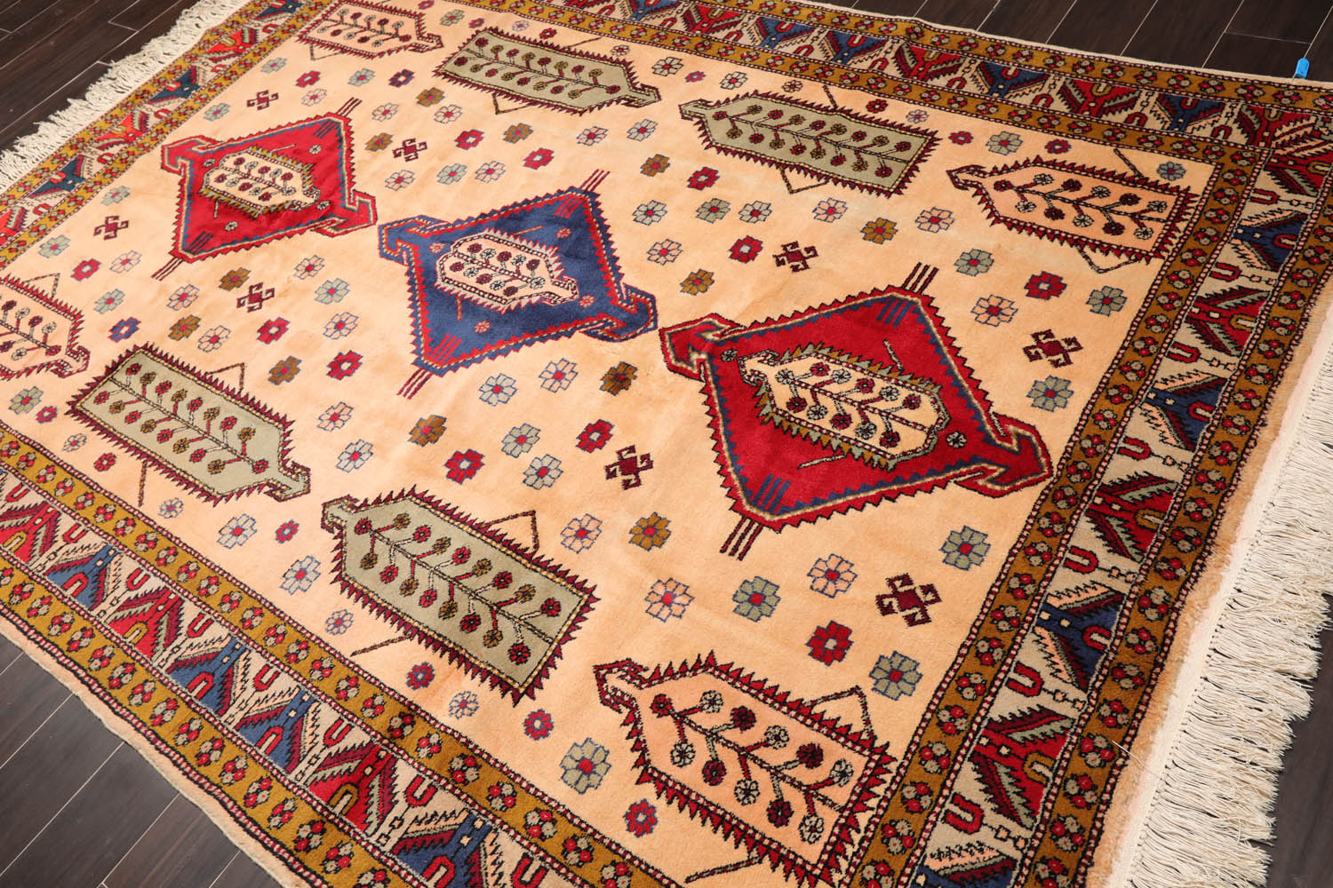 6x9 Light Peach, Royal Blue, Red Color Hand Knotted All-Over 100% Wool Traditional Oriental Rug