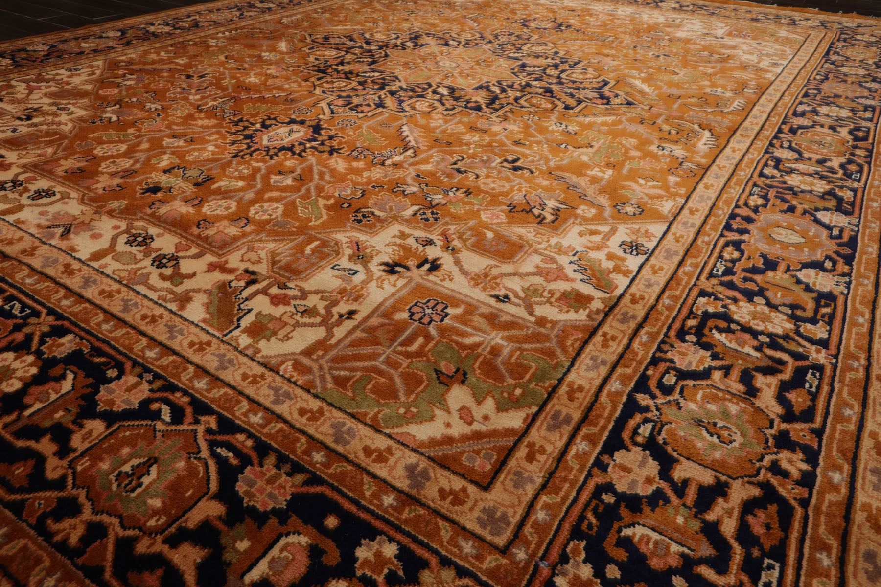 9x13 Caramel, Navy, Ivory Color Hand Knotted Heriz New Zealand Wool Traditional Oriental Rug