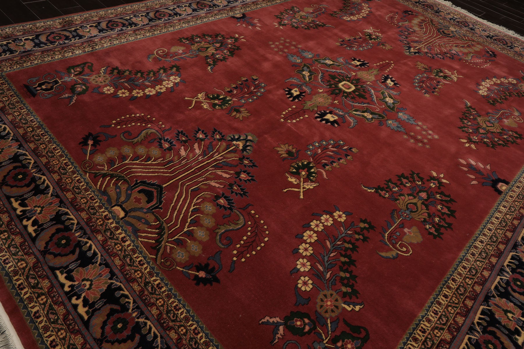 Multi Size Rose Midnight Blue Ivory Color Hand Knotted Sarouk New Zealand Wool Traditional Oriental Rug
