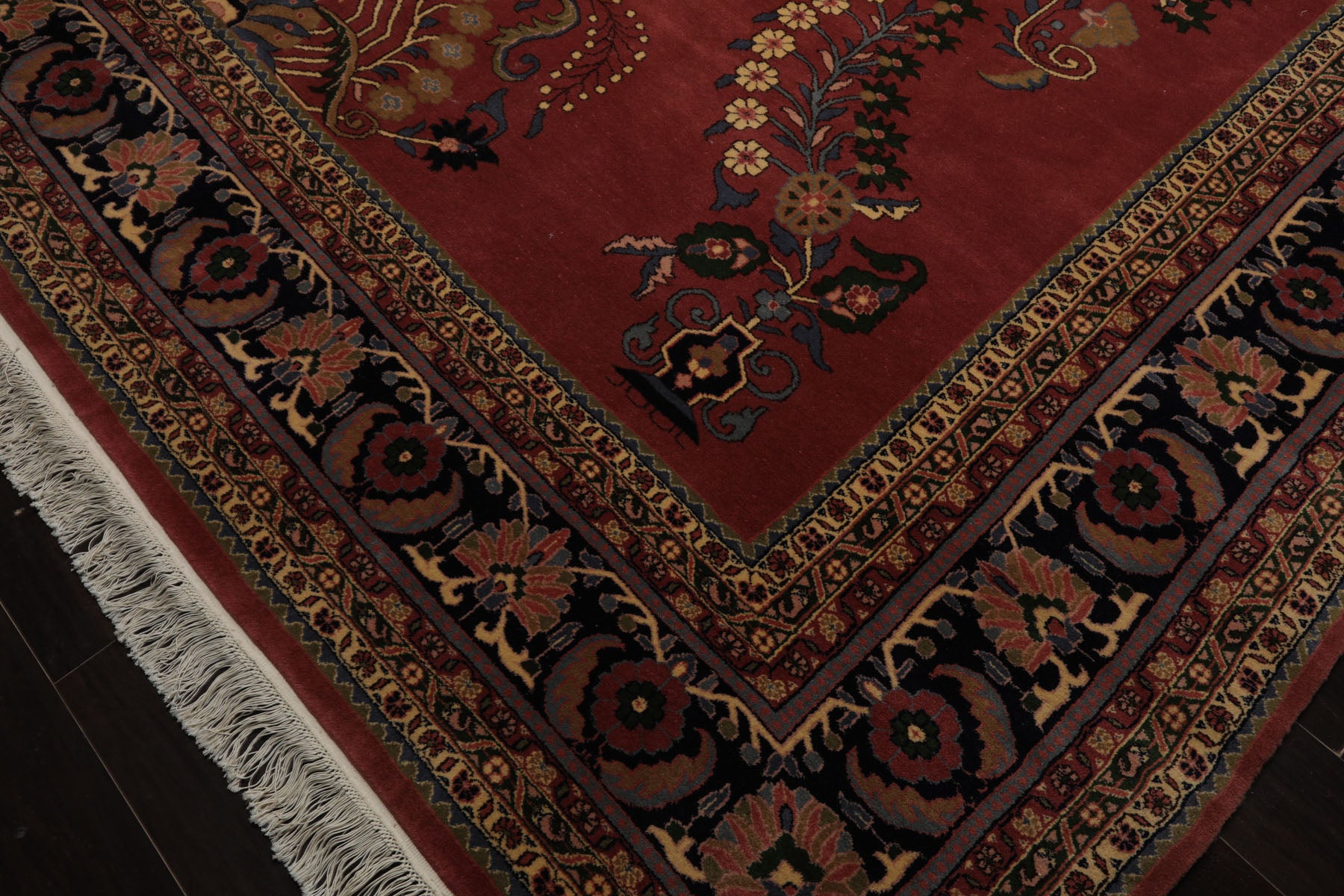 Multi Size Rose Midnight Blue Ivory Color Hand Knotted Sarouk New Zealand Wool Traditional Oriental Rug