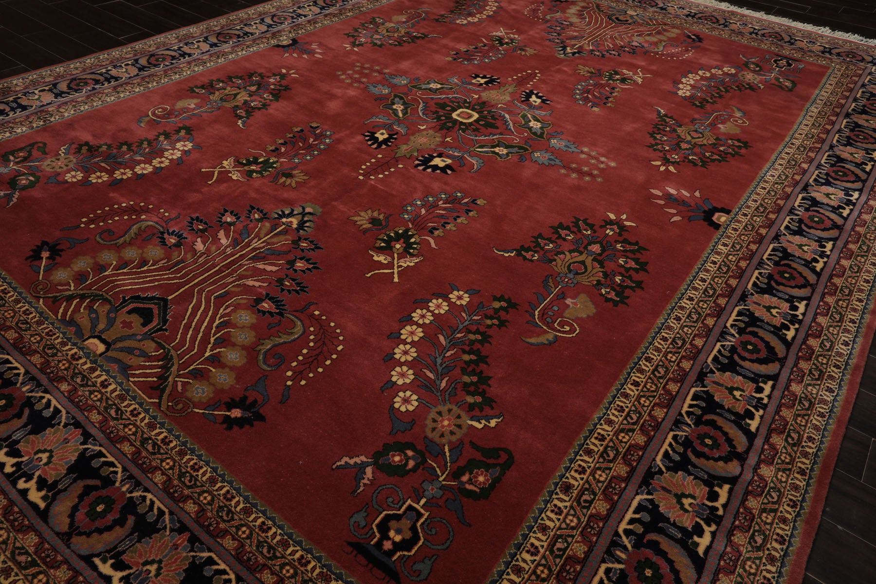 Multi Size Rose Midnight Blue Ivory Color Hand Knotted Sarouk New Zealand Wool Traditional Oriental Rug