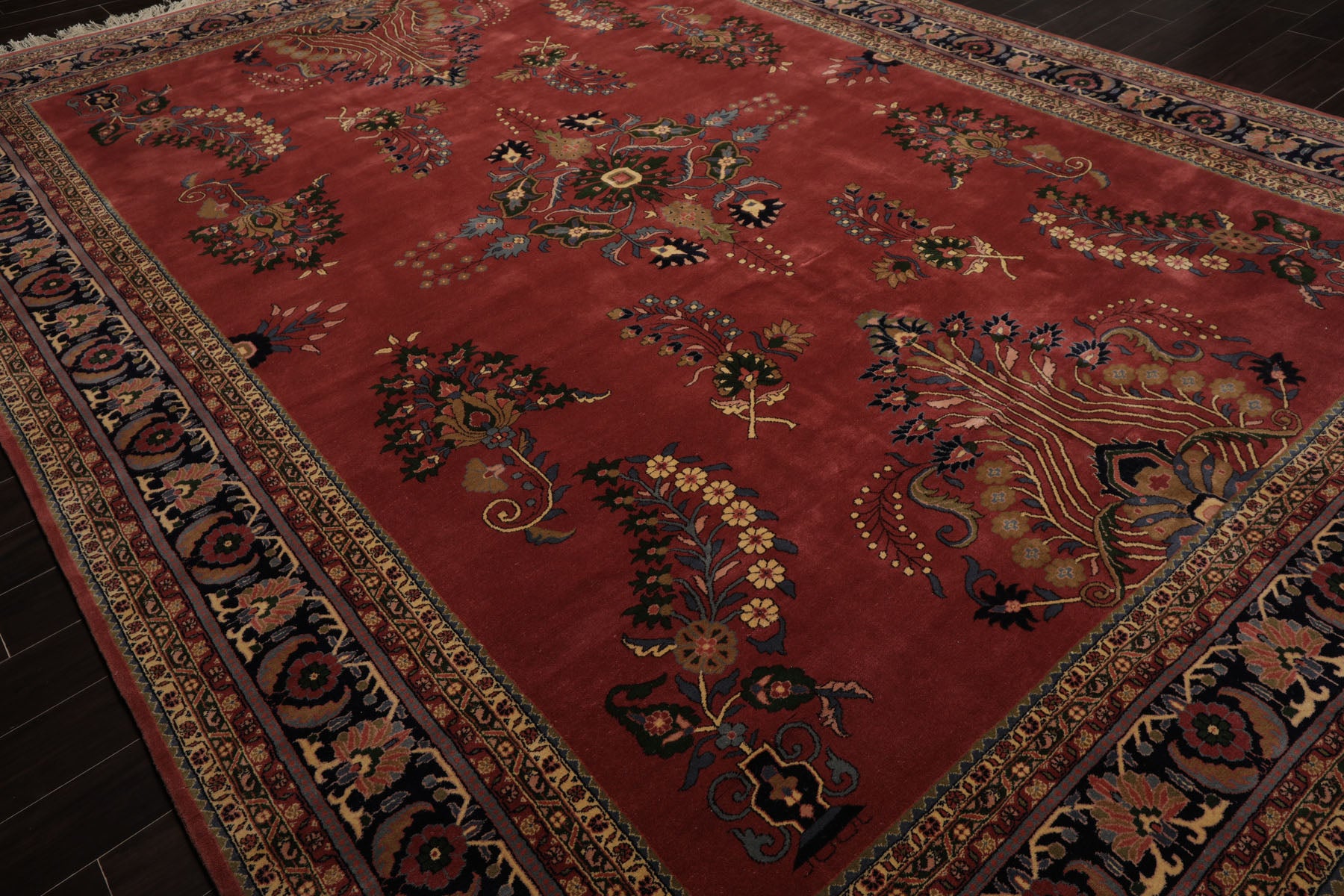 Multi Size Rose Midnight Blue Ivory Color Hand Knotted Sarouk New Zealand Wool Traditional Oriental Rug