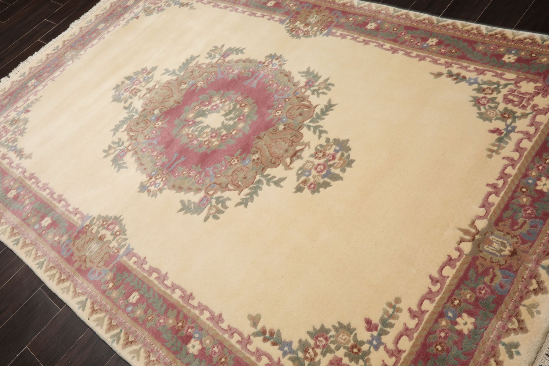 6x9 Ivory, Plum, Teal Color Hand Knotted Kerman New Zealand Wool Traditional Oriental Rug