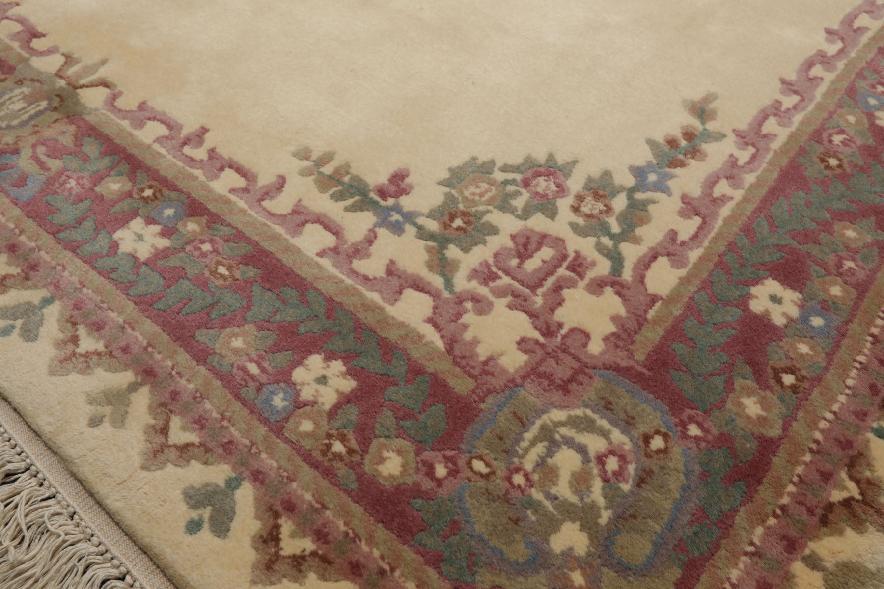 6x9 Ivory, Plum, Teal Color Hand Knotted Kerman New Zealand Wool Traditional Oriental Rug