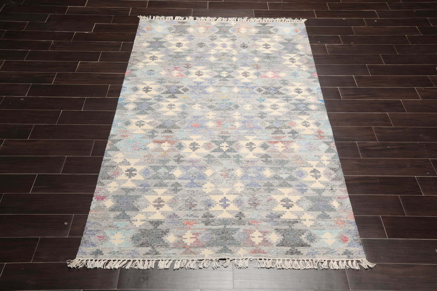 5x7 Gray, Ivory, Blue Color Hand Woven All-Over 100% Wool Southwestern Oriental Rug