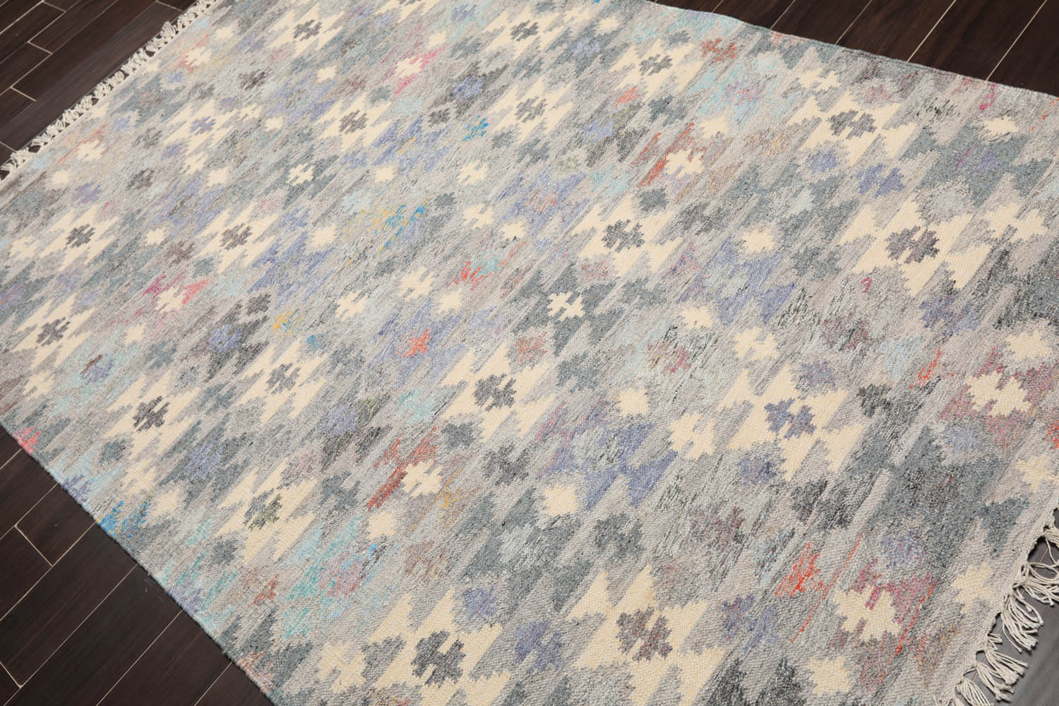 5x7 Gray, Ivory, Blue Color Hand Woven All-Over 100% Wool Southwestern Oriental Rug