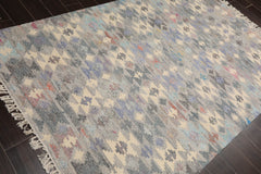 5x7 Gray, Ivory, Blue Color Hand Woven All-Over 100% Wool Southwestern Oriental Rug
