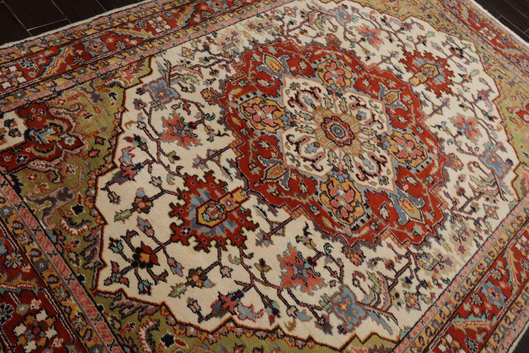 6x9 Ivory, Burnt Orange, Lime Color Hand Knotted Heriz Wool Arts & Crafts Oriental Rug
