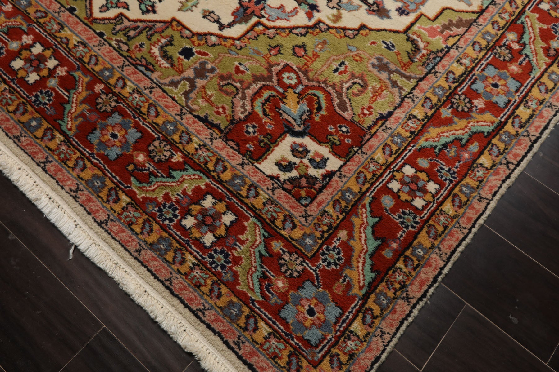 6x9 Ivory, Burnt Orange, Lime Color Hand Knotted Heriz Wool Arts & Crafts Oriental Rug