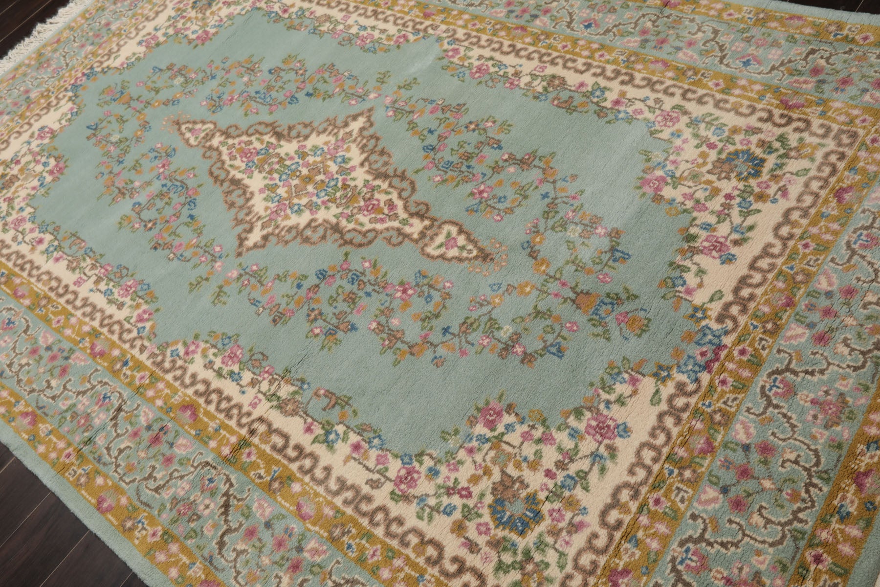 6x9 Aqua, Gold, Ivory Color Hand Knotted Kerman New Zealand Wool Traditional Oriental Rug