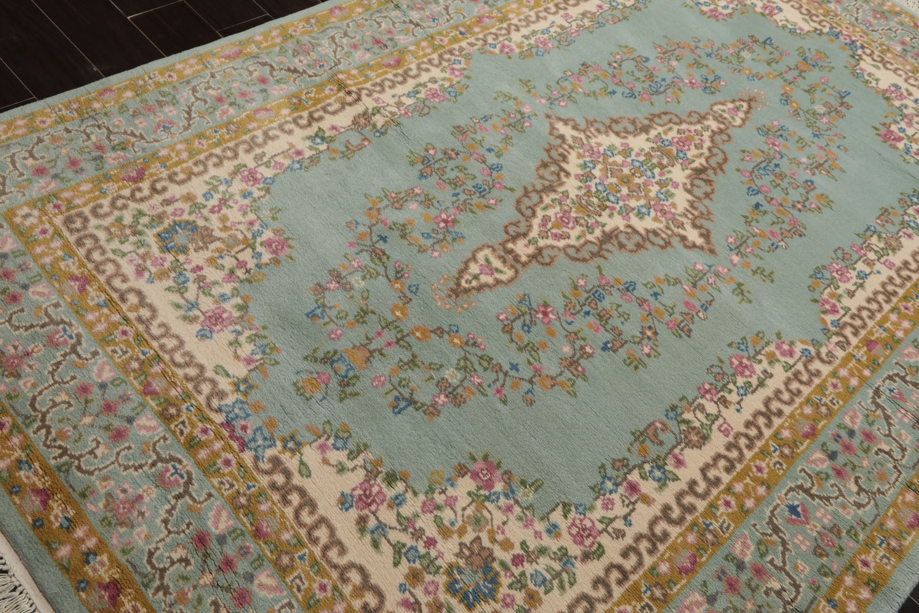 6x9 Aqua, Gold, Ivory Color Hand Knotted Kerman New Zealand Wool Traditional Oriental Rug