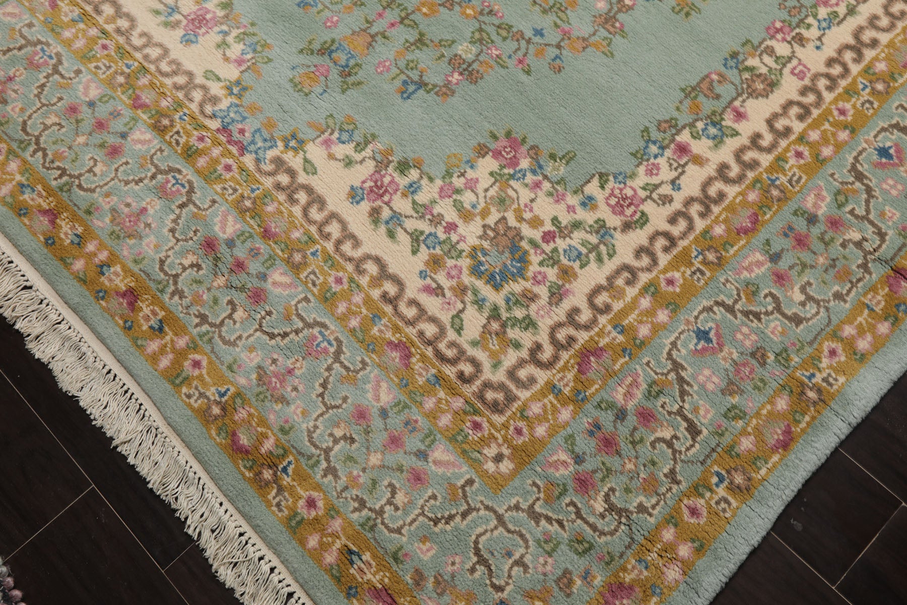 6x9 Aqua, Gold, Ivory Color Hand Knotted Kerman New Zealand Wool Traditional Oriental Rug