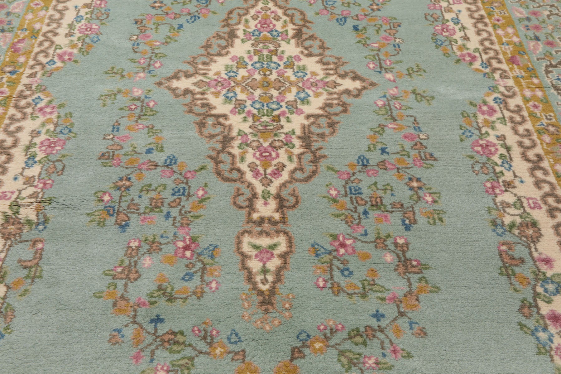 6x9 Aqua, Gold, Ivory Color Hand Knotted Kerman New Zealand Wool Traditional Oriental Rug