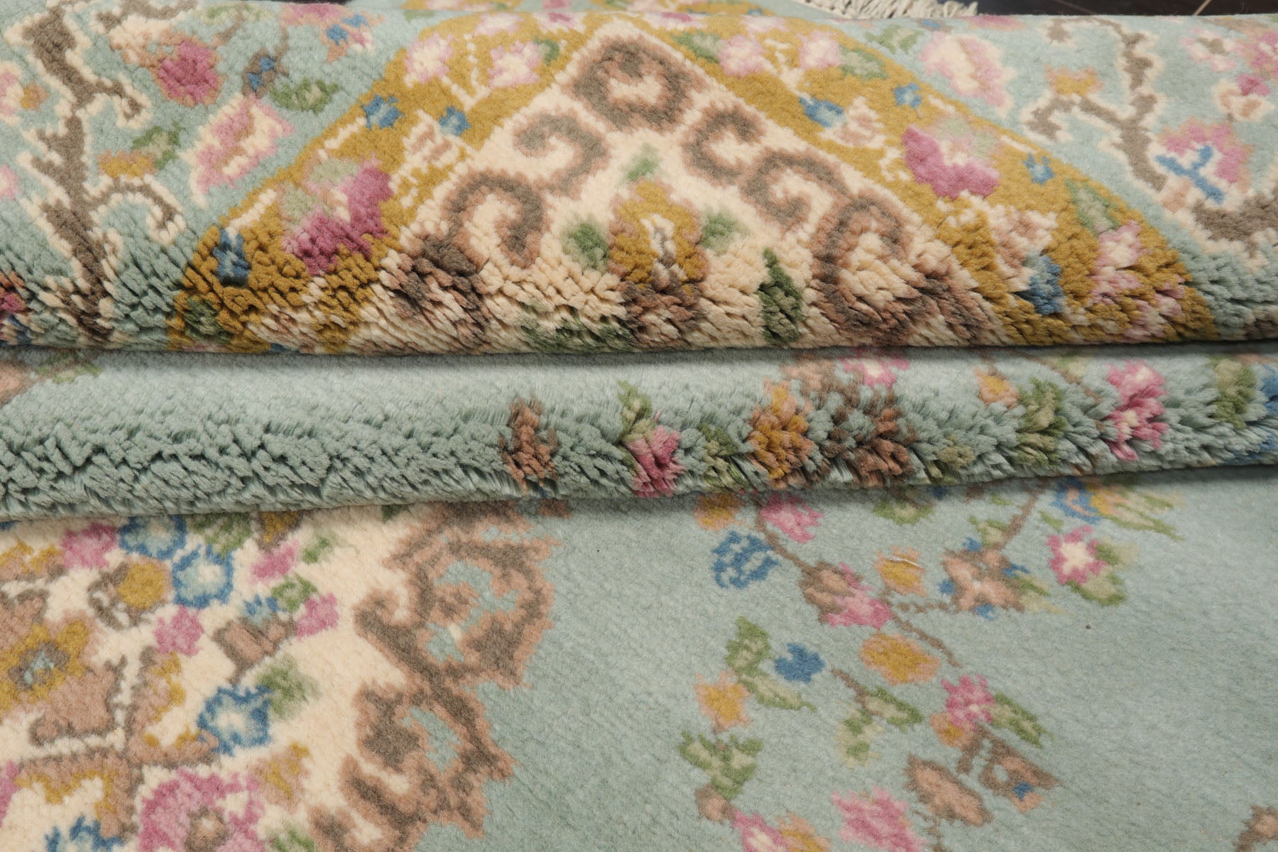 6x9 Aqua, Gold, Ivory Color Hand Knotted Kerman New Zealand Wool Traditional Oriental Rug