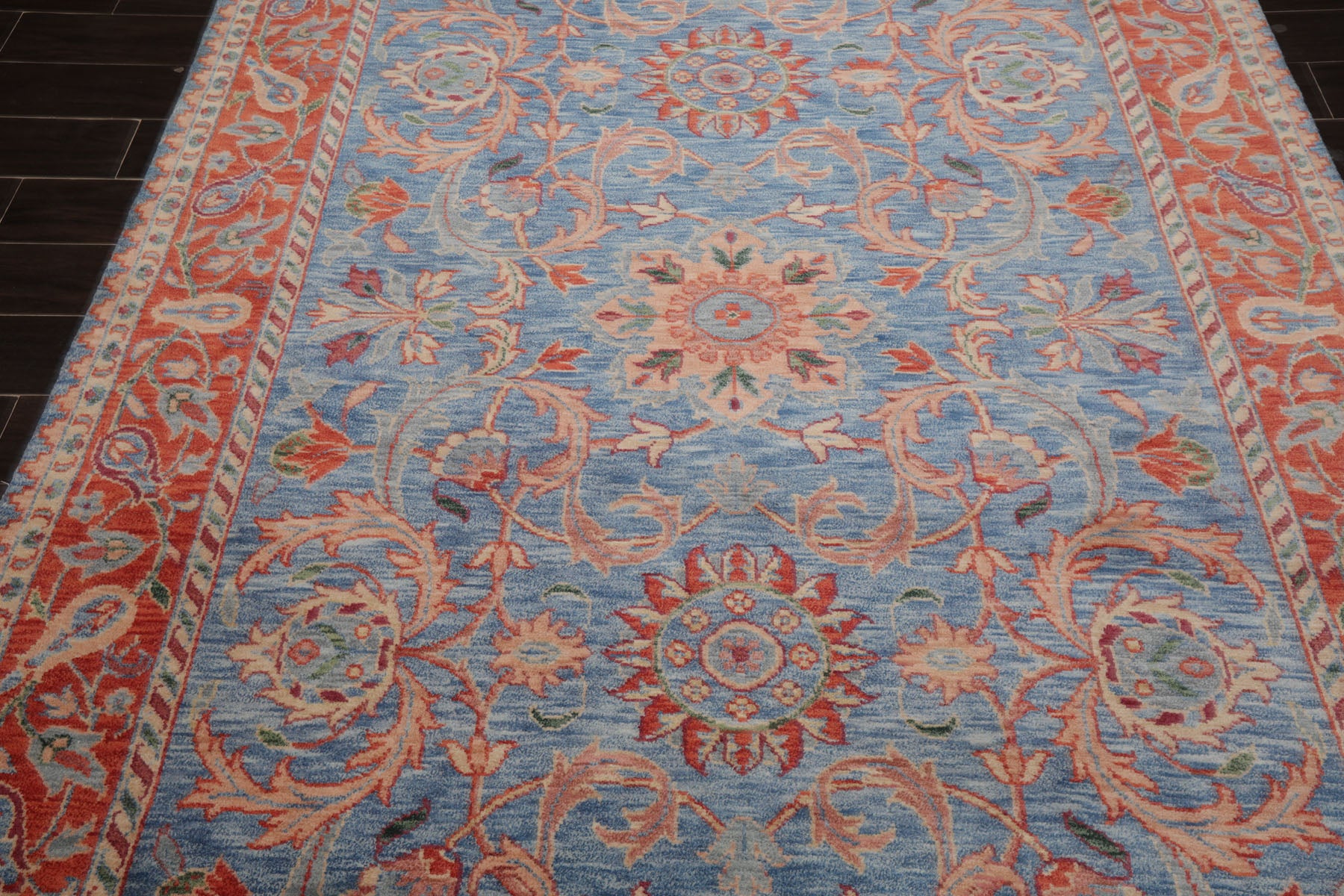 6x9 Blue, Orange, Rose Color Hand Knotted French Aubusson Savonnerie New Zealand Wool Traditional Oriental Rug