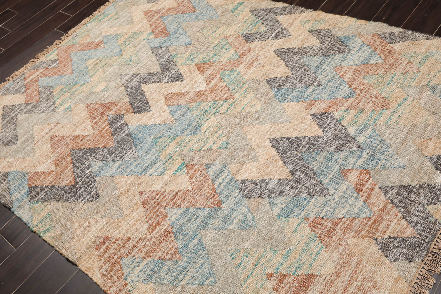 5x7 Tan, Blue, Charcoal Color Hand Woven All-Over 100% Wool Southwestern Oriental Rug