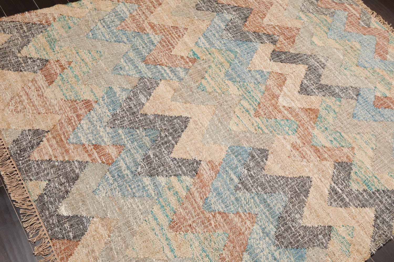 5x7 Tan, Blue, Charcoal Color Hand Woven All-Over 100% Wool Southwestern Oriental Rug