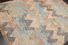 5x7 Tan, Blue, Charcoal Color Hand Woven All-Over 100% Wool Southwestern Oriental Rug