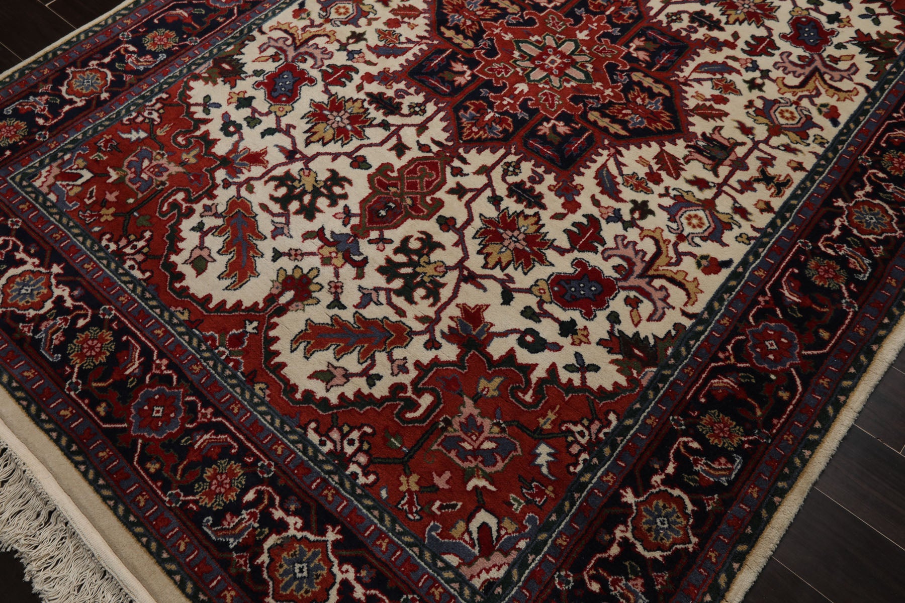 6x9 Ivory, Midnight Blue, Rust Color Hand Knotted Heriz Wool Arts & Crafts Oriental Rug