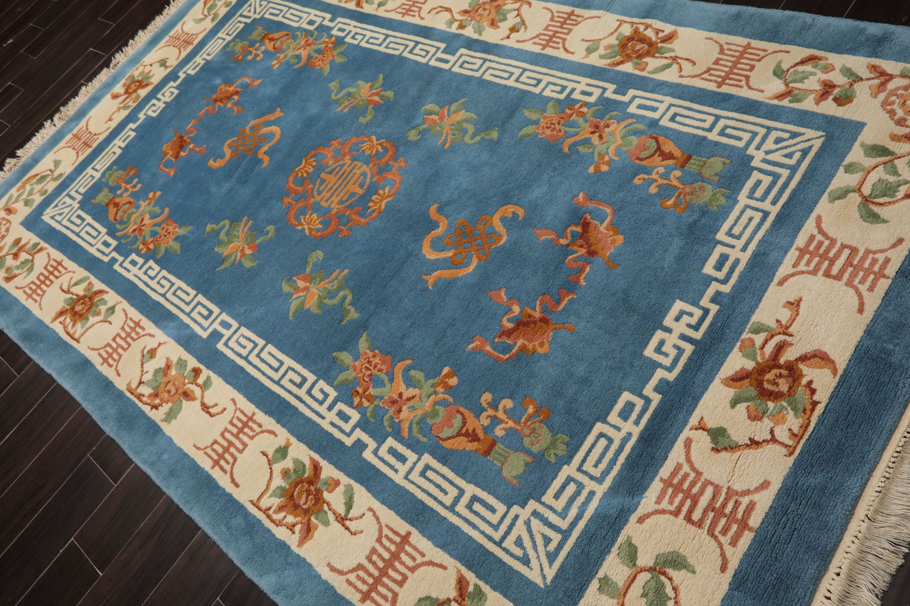 6x9 Blue, Ivory, Peach Color Hand Knotted Chinese Art Deco New Zealand Wool Traditional Oriental Rug