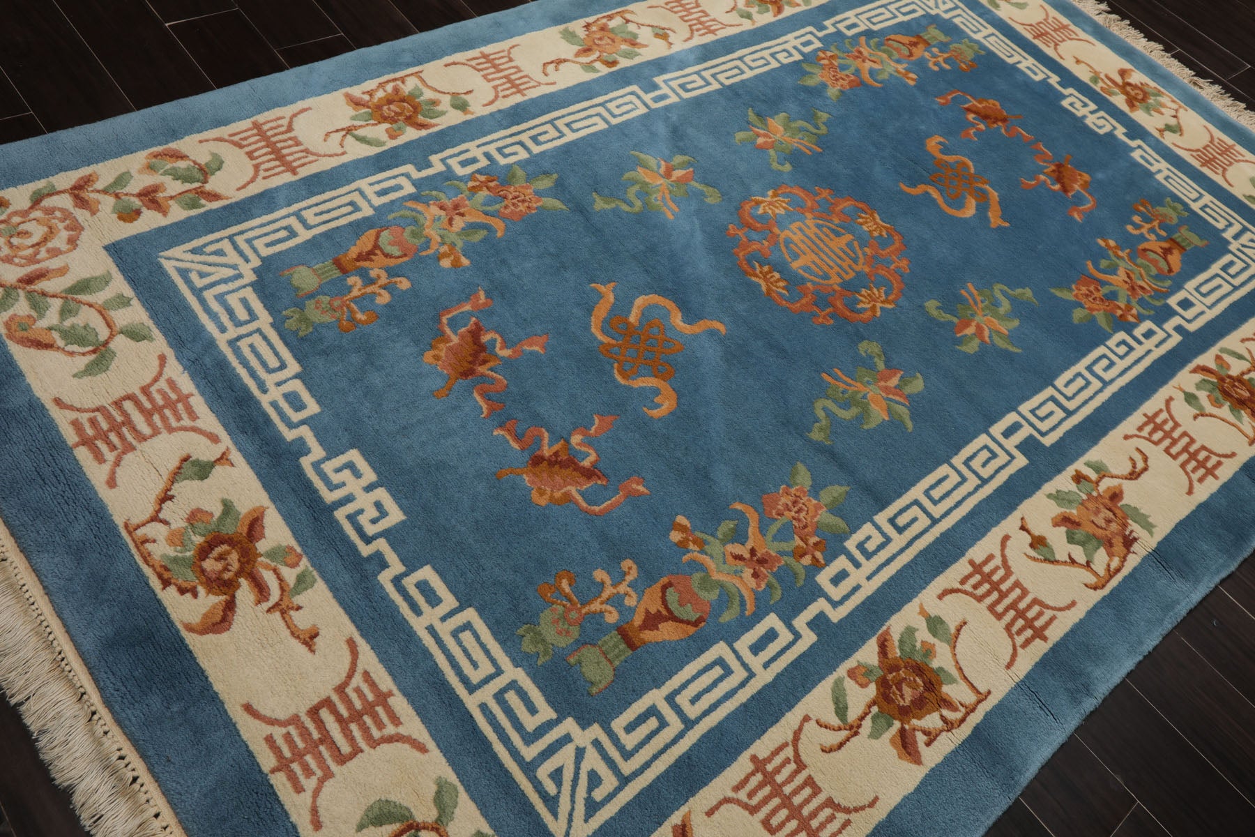 6x9 Blue, Ivory, Peach Color Hand Knotted Chinese Art Deco New Zealand Wool Traditional Oriental Rug