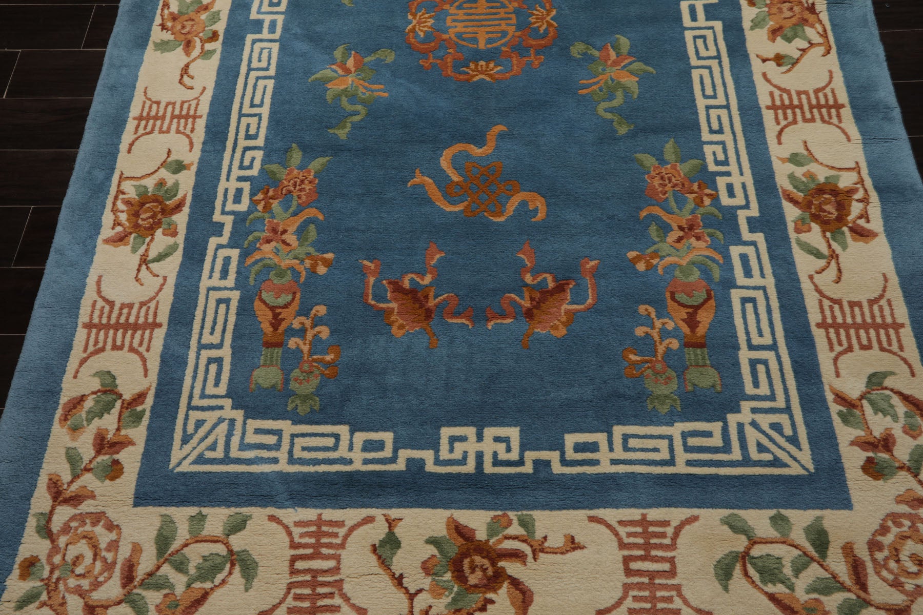 6x9 Blue, Ivory, Peach Color Hand Knotted Chinese Art Deco New Zealand Wool Traditional Oriental Rug
