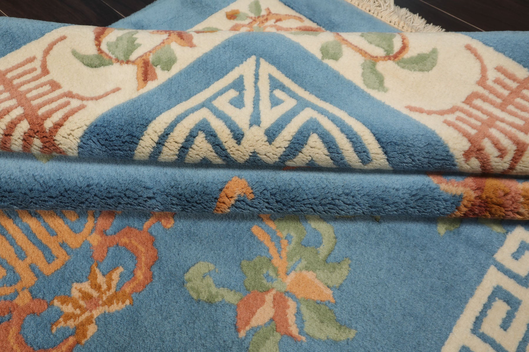 6x9 Blue, Ivory, Peach Color Hand Knotted Chinese Art Deco New Zealand Wool Traditional Oriental Rug