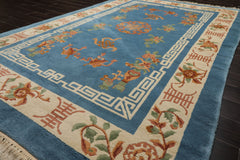 6x9 Blue, Ivory, Peach Color Hand Knotted Chinese Art Deco New Zealand Wool Traditional Oriental Rug