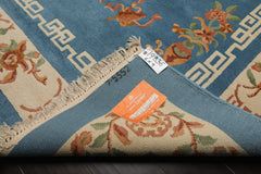 6x9 Blue, Ivory, Peach Color Hand Knotted Chinese Art Deco New Zealand Wool Traditional Oriental Rug
