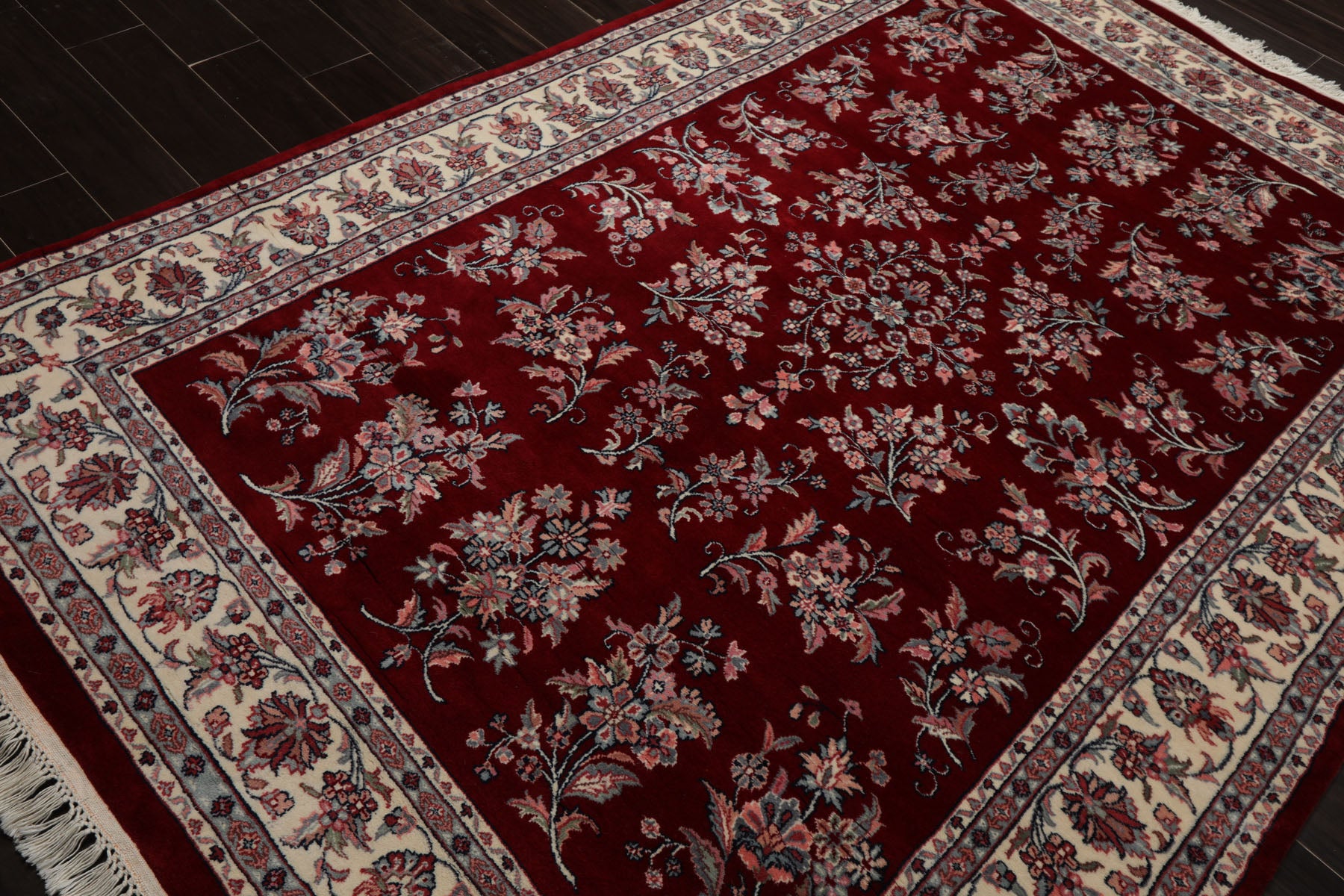 6x9 Maroon, Ivory, Aqua Color Hand Knotted Sarouk New Zealand Wool Traditional Oriental Rug