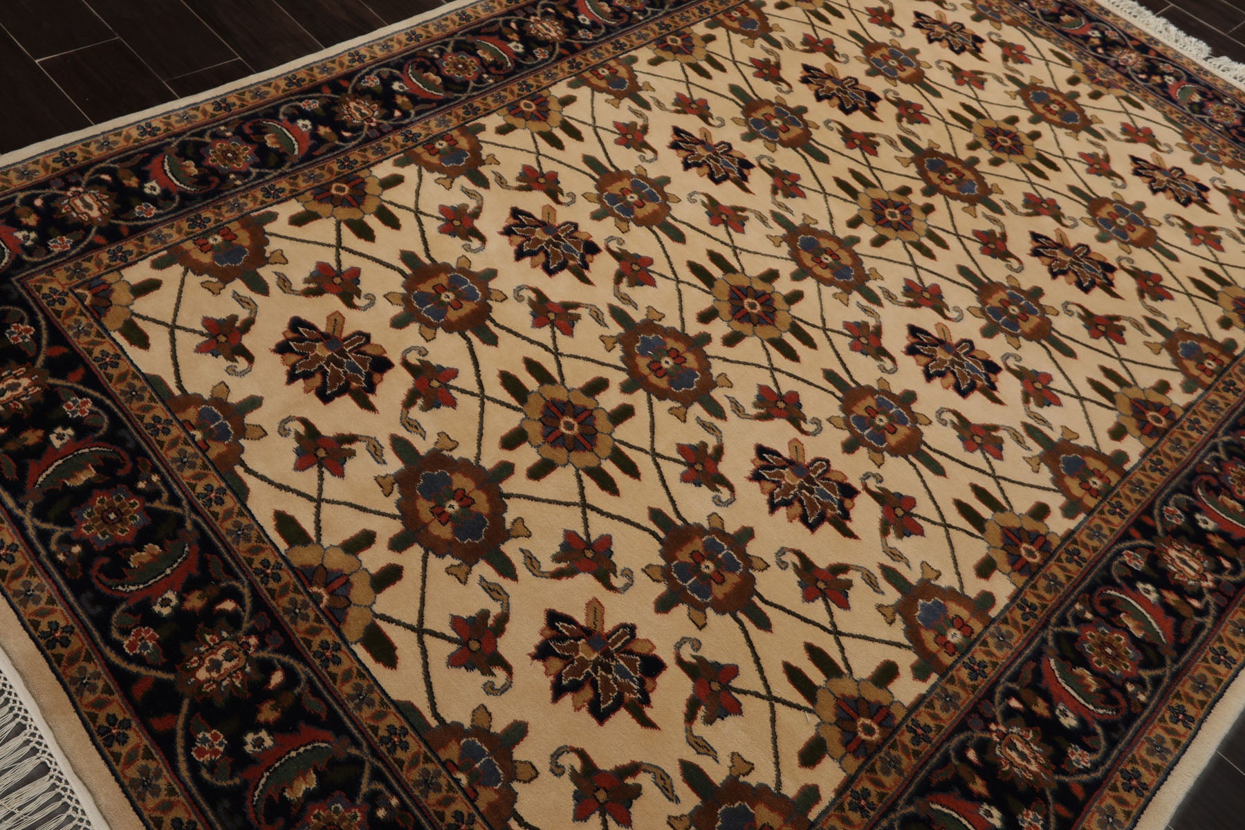 6x9 Ivory, Navy, Green Color Hand Knotted Agra Wool Traditional Oriental Rug