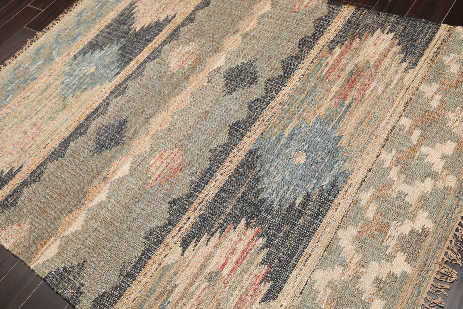 5x7 Gray, Charcoal, Blue Color Hand Woven All-Over 100% Wool Southwestern Oriental Rug