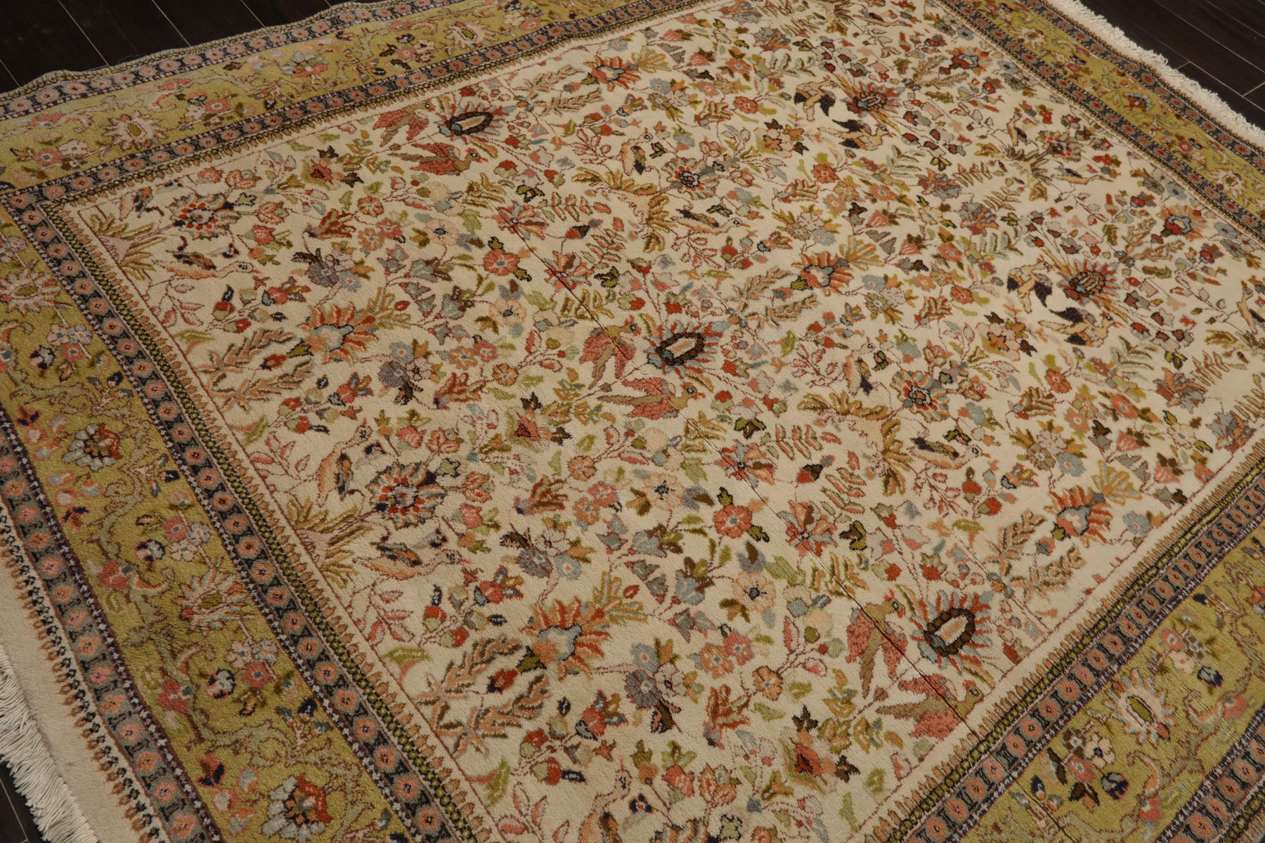 7x8 Ivory, Lime, Blush Color Hand Knotted Tabriz Wool Traditional Oriental Rug