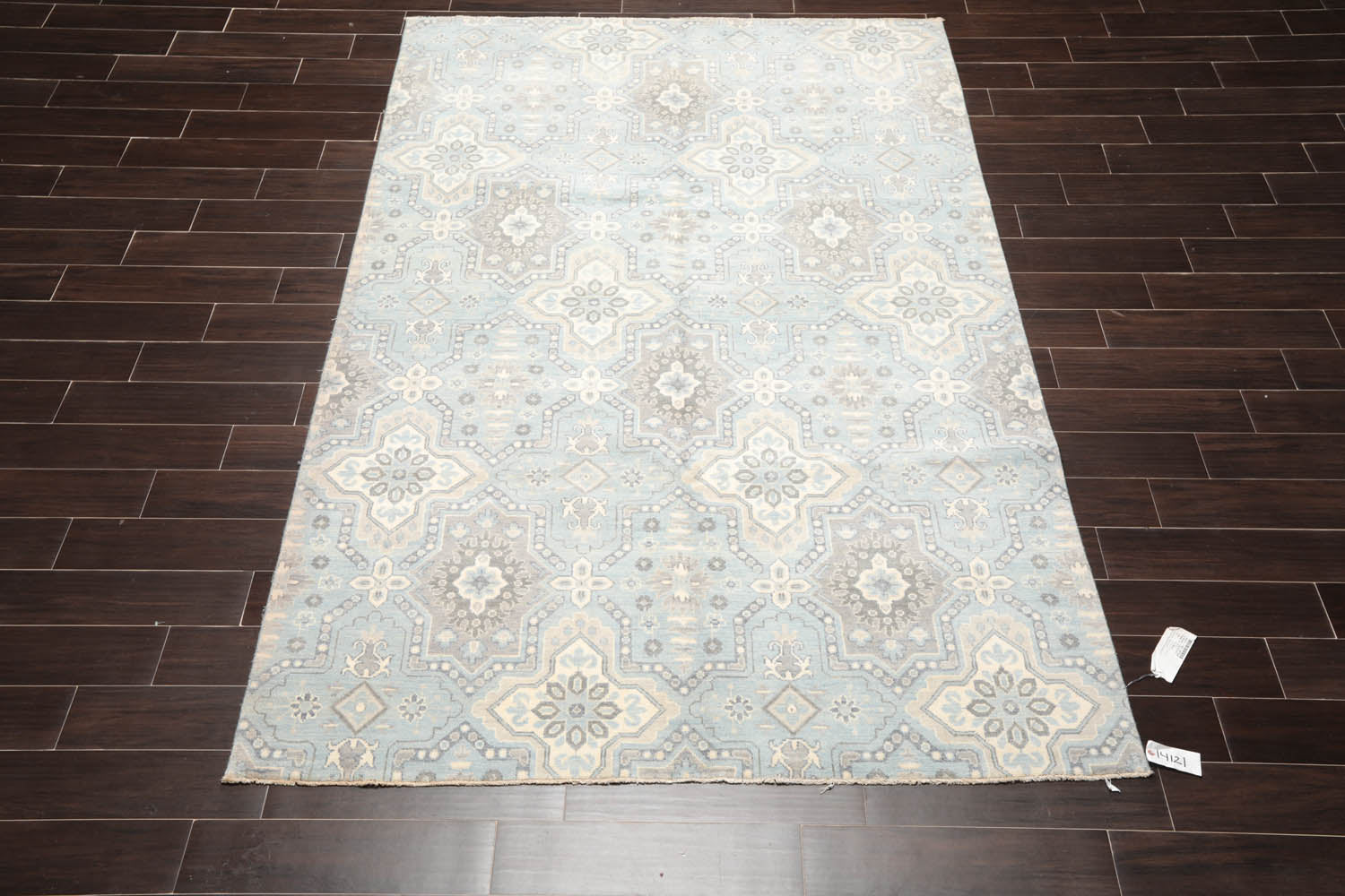 6x9 Blue, Ivory, Gray Color Hand Knotted Geometric 100% Wool Transitional Oriental Rug