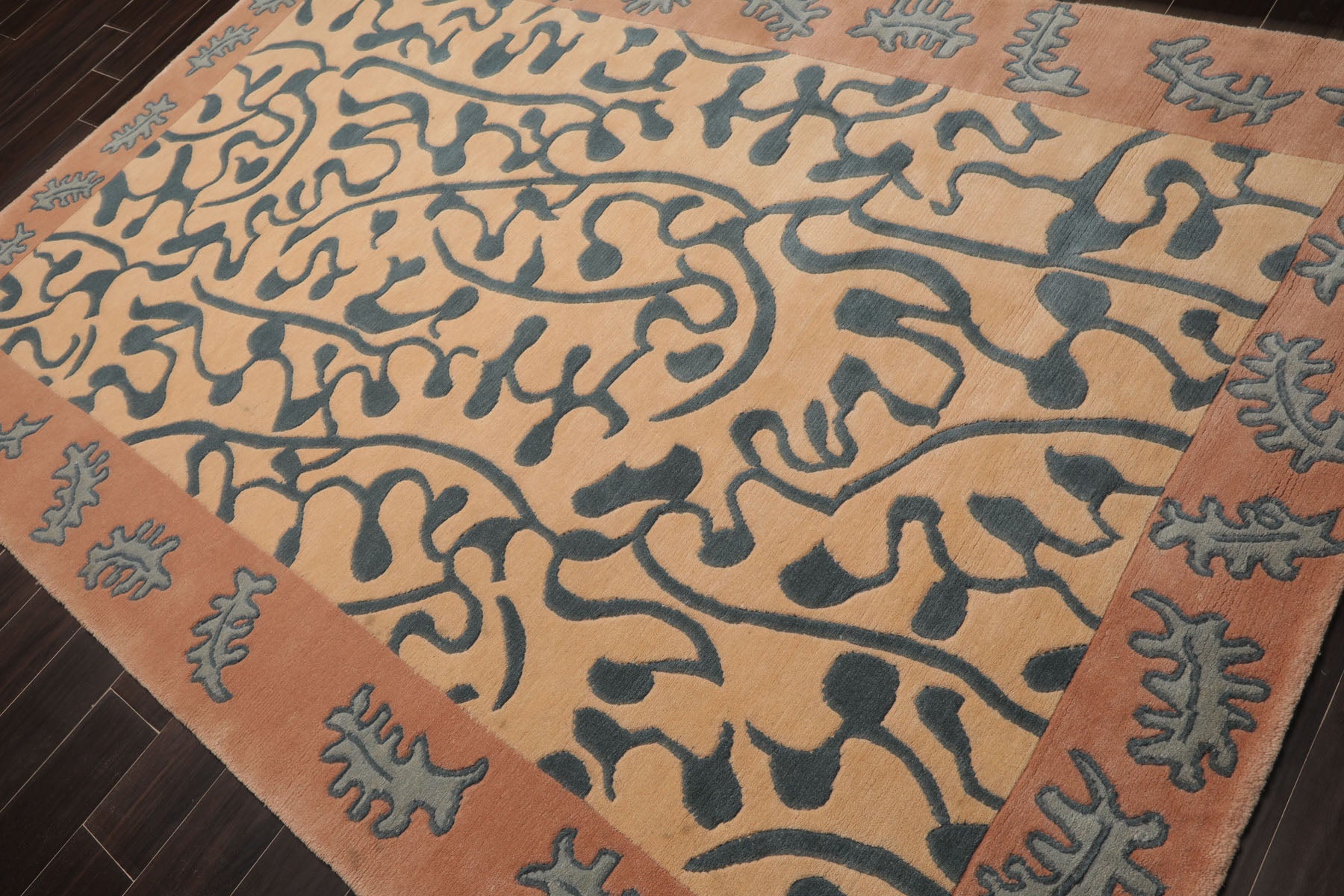 6x9 Beige, Muted Peach, Teal Color Hand Knotted Tibetan Wool Contemporary Oriental Rug