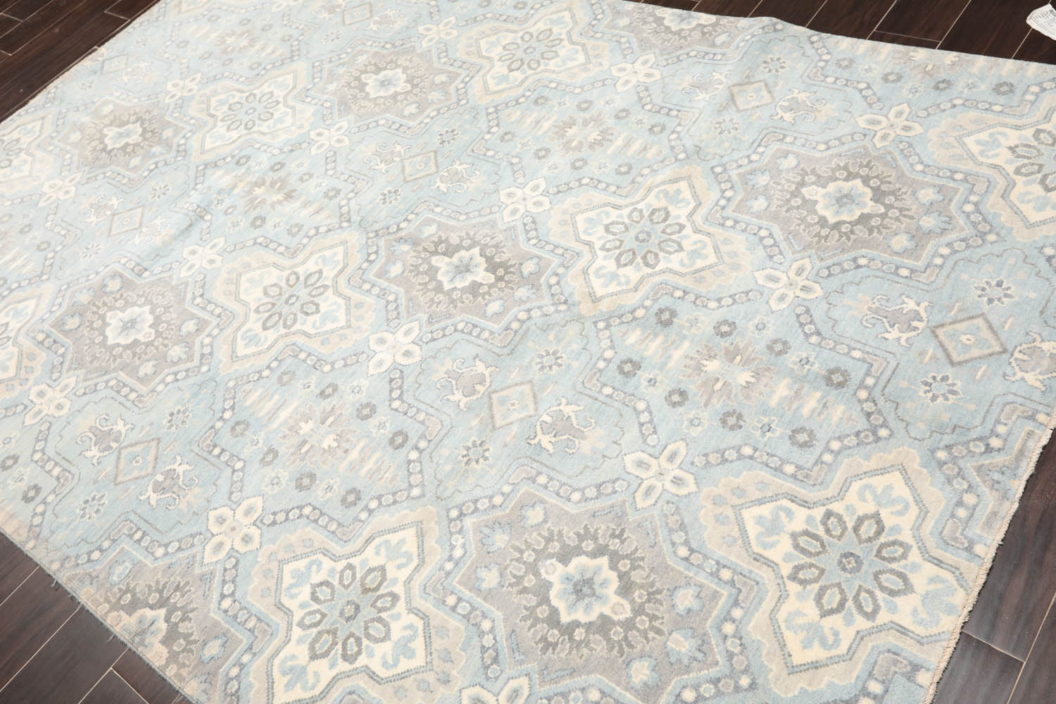 6x9 Blue, Ivory, Gray Color Hand Knotted Geometric 100% Wool Transitional Oriental Rug